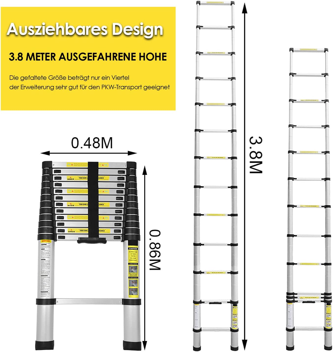 Thumbnail 1 de Joparri Aluminium Teleskopleiter (ausziehbar) 3,8 m, 13 Stufen – bis 150 kg