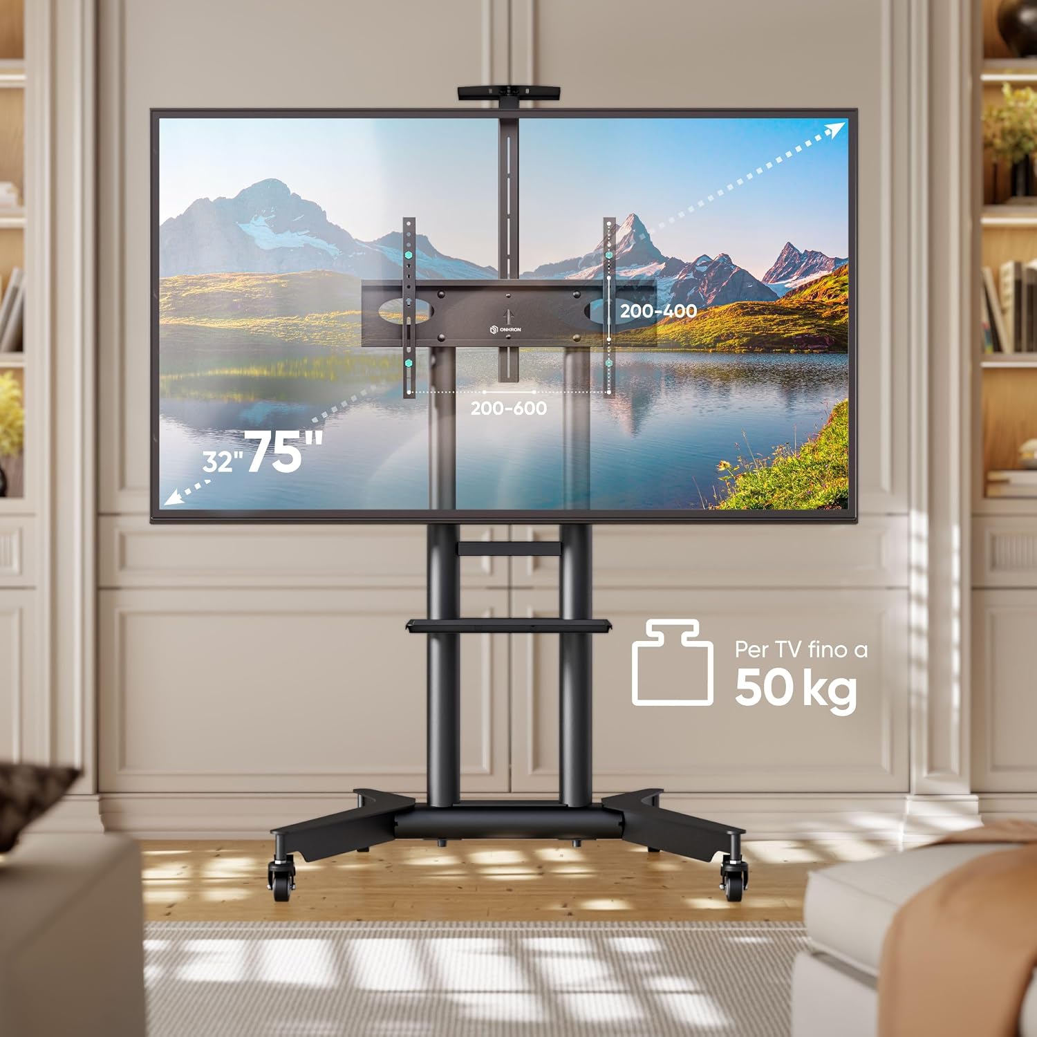 Detalle 2 de ONKRON TS1571-B supporto TV da pavimento 32–75 pollici con ruote, mensola e altezza regolabile