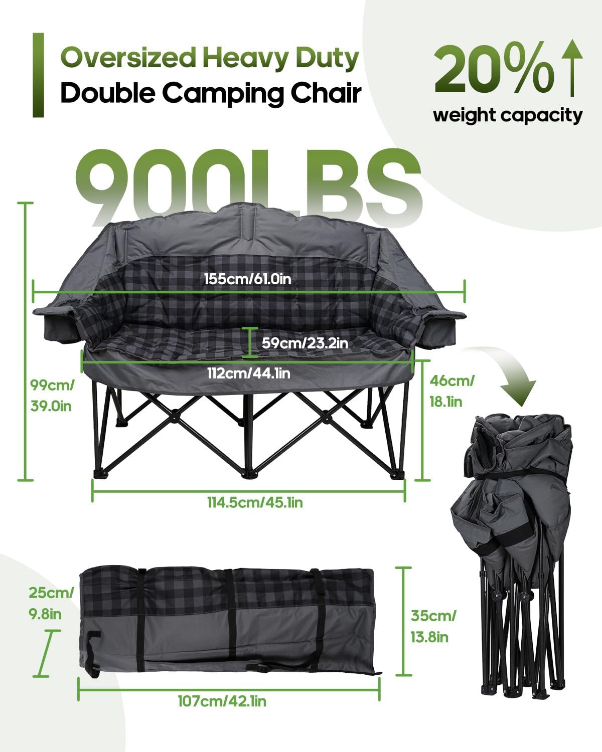 Thumbnail 2 de Gray Double Camping Chair Loveseat Couch with Cup Holders and 2-in-1 Carry Bag