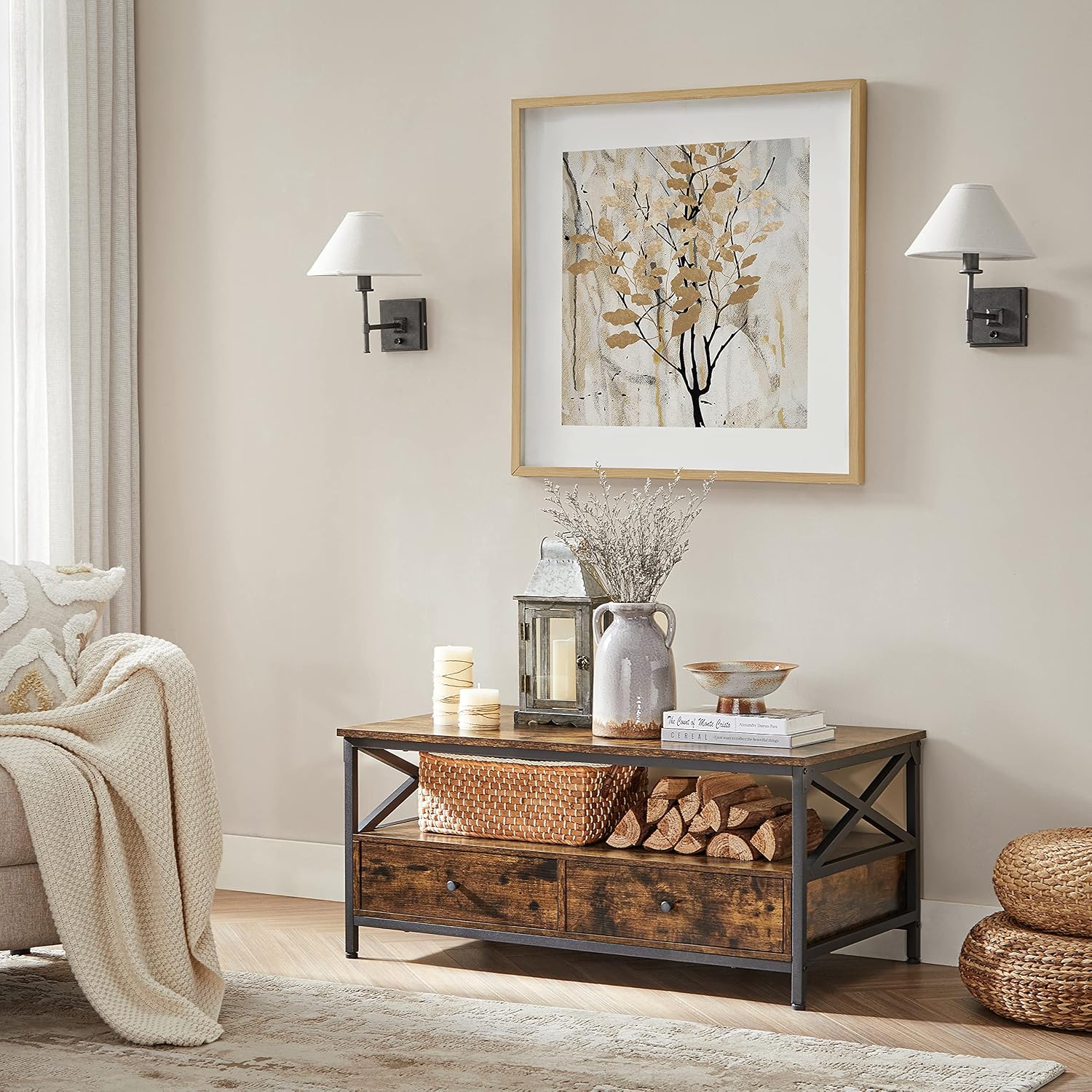 Detalle de VASAGLE LCT201B01 Coffee Table, 2 Drawers, Steel X-Frame, Rustic Brown and Black