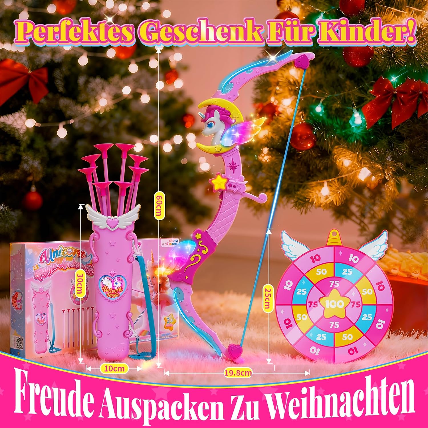 Thumbnail 6 de Einhorn-Bogen-Set für Mädchen 3–12 Jahre mit 6 magischen Lichtern, Köcher und Prinzessinnen-Zielscheibe