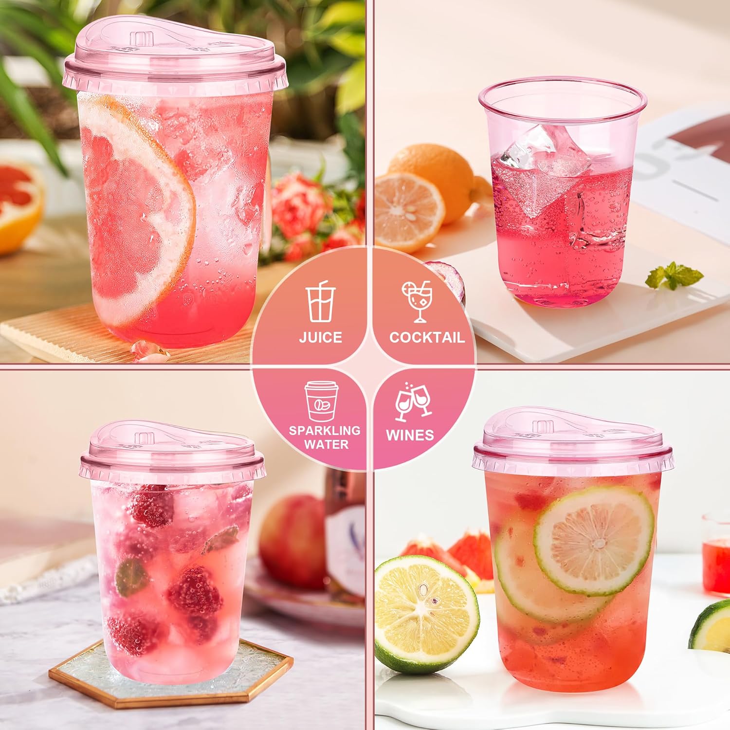 Thumbnail 6 de KesaPlan 50 Pack 16 oz Pink Plastic Party Cups with Sip Lids