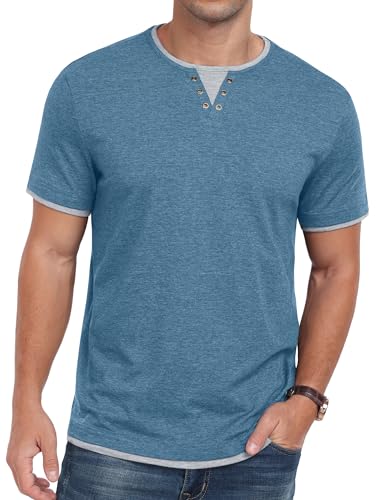 Detalle 2 de Hisir Camiseta de Verano para Hombre - Manga corta, cuello redondo, color blocks Azul Gris (S)
