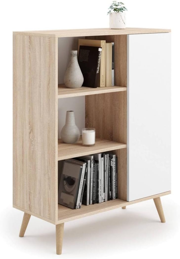 Detalle de Dmora Credenza Scandi a 1 Anta e 2 Ripiani | Bianco e Rovere, 40x90x116 cm