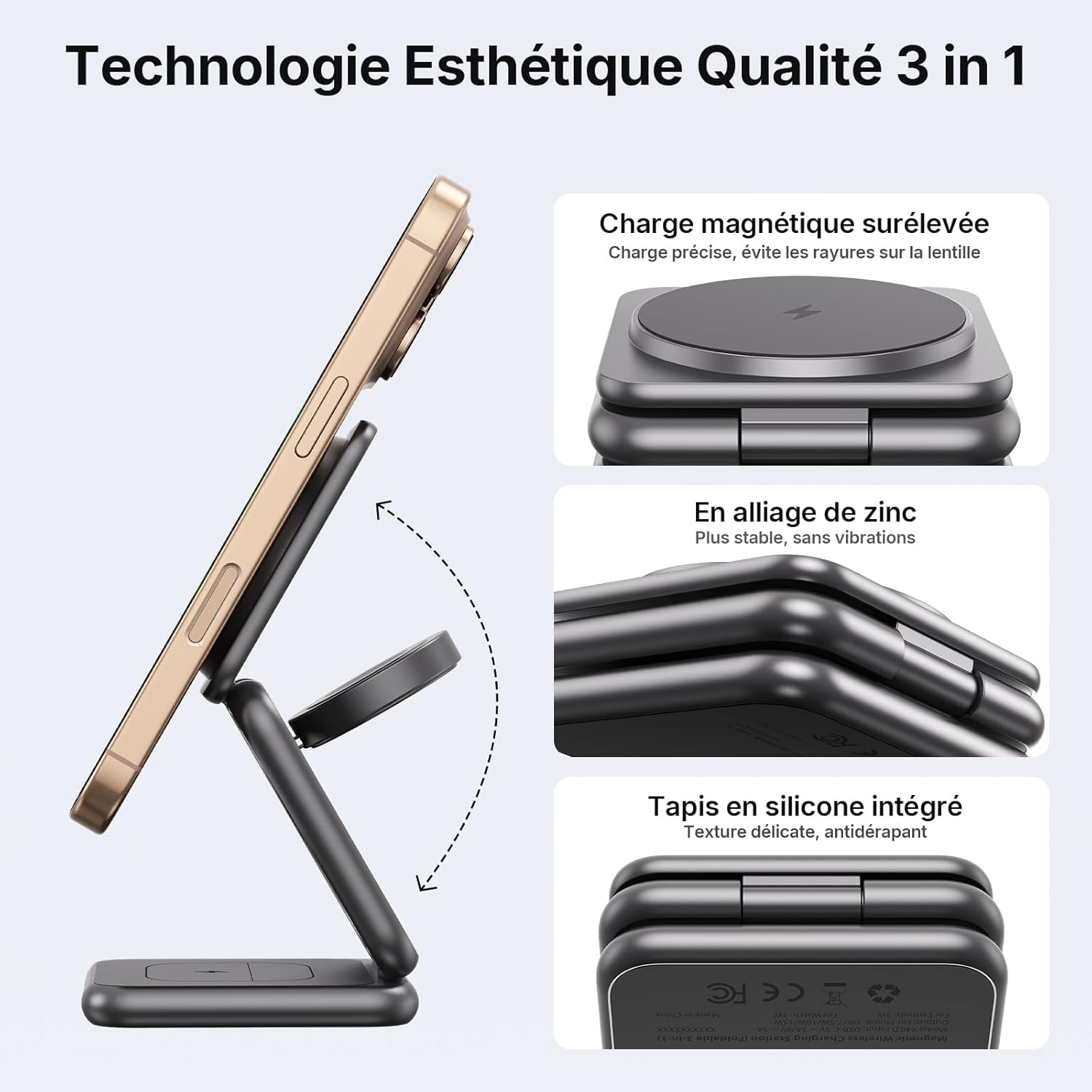 Thumbnail 4 de Alilong Chargeur Induction 3 en 1 Magnétique Folding: Chargeur sans Fil Alliéage Zinc pour iPhone, Apple Watch et AirPods