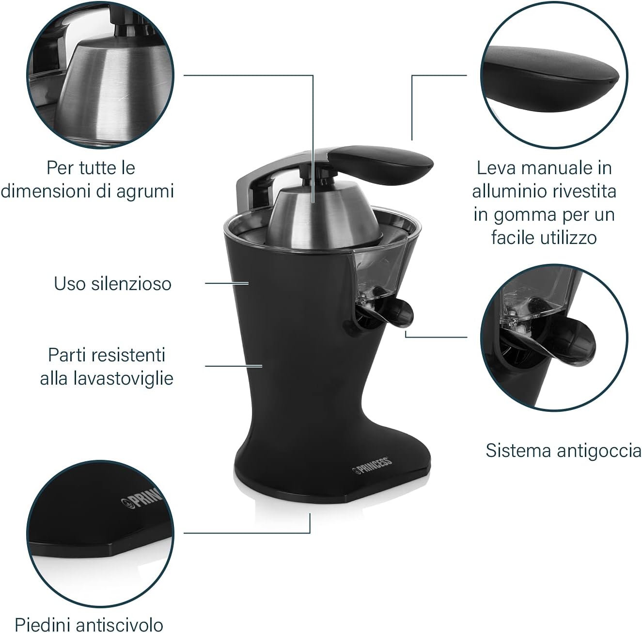 Detalle de Princess spremiagrumi a leva 300 W in acciaio inox nero opaco 201857