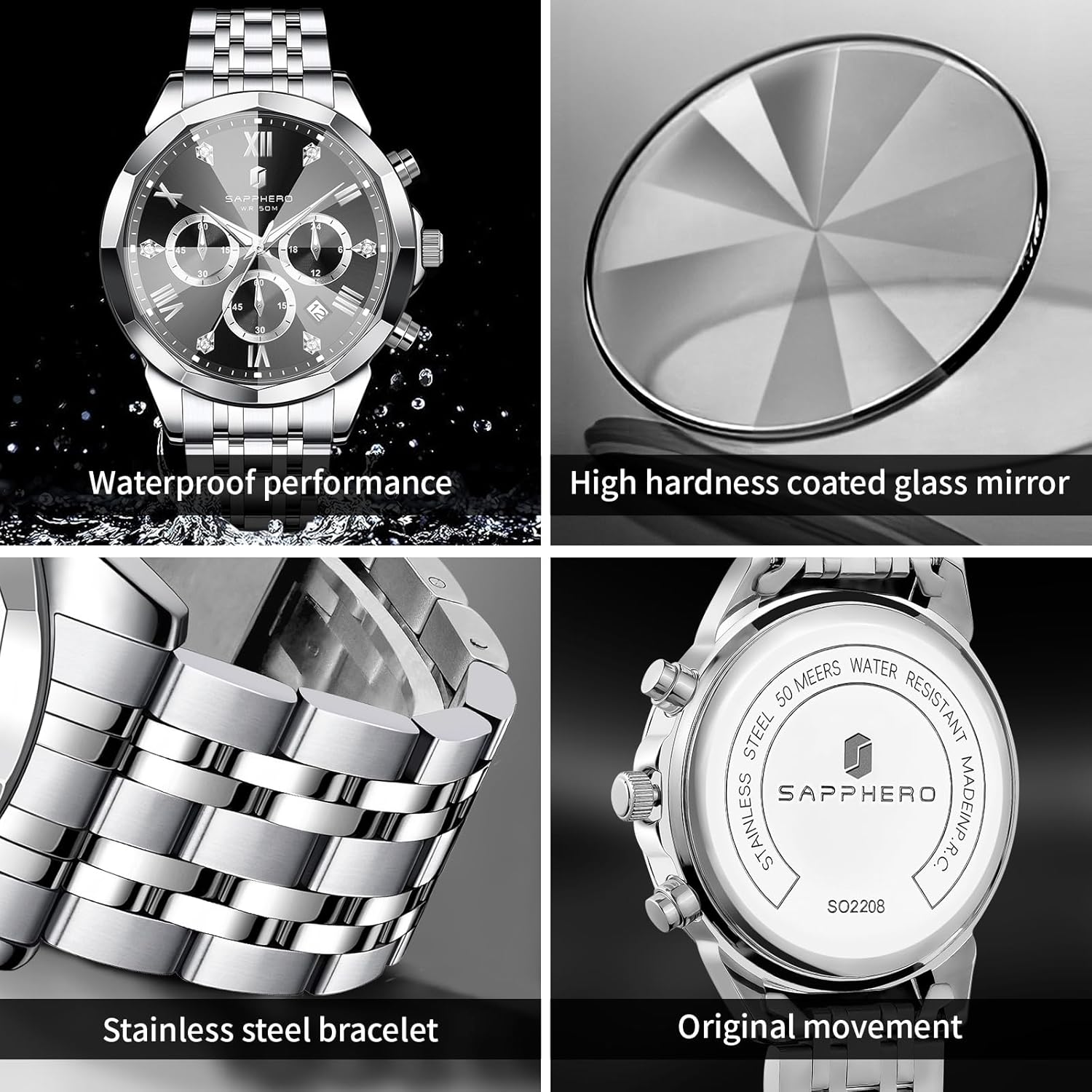 Thumbnail 3 de SAPPHERO Orologio da uomo Analogico Quarzo Cronografo 50M – Elegante e Sportivo in Acciaio