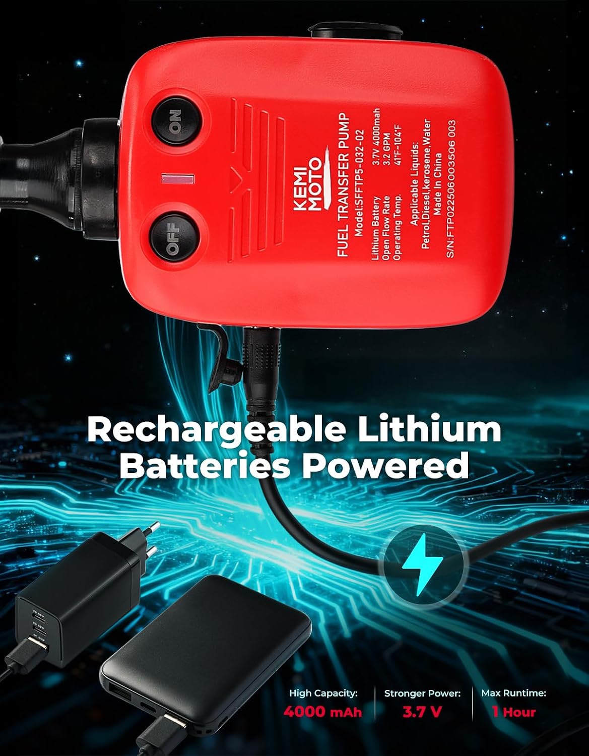 Detalle de KEMIMOTO rechargeable fuel transfer pump, 4000mAh