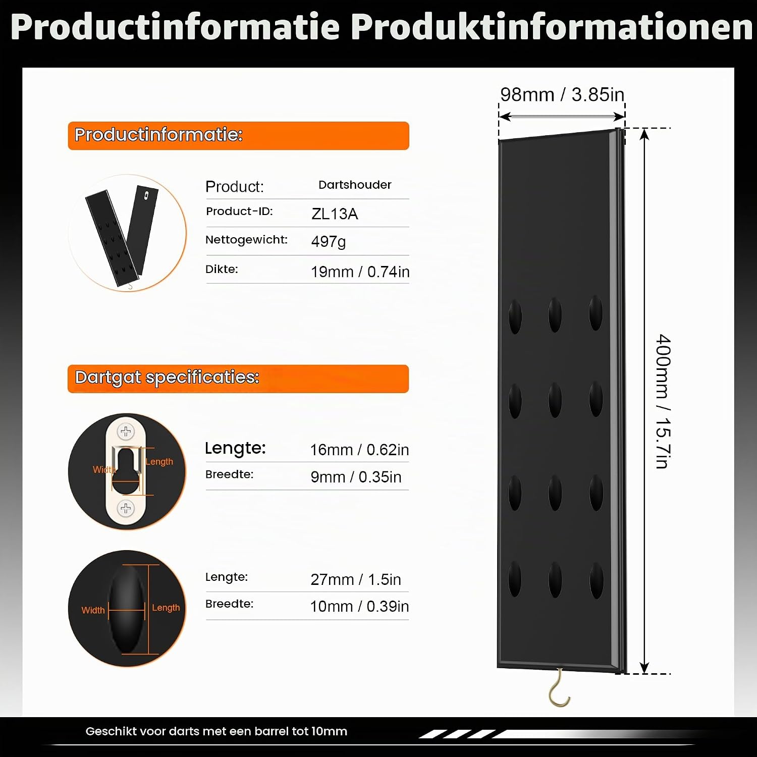 Thumbnail 1 de CyeeLife 10106129 houten darthouder voor 12 darts, zwart, 40 × 9,8 cm