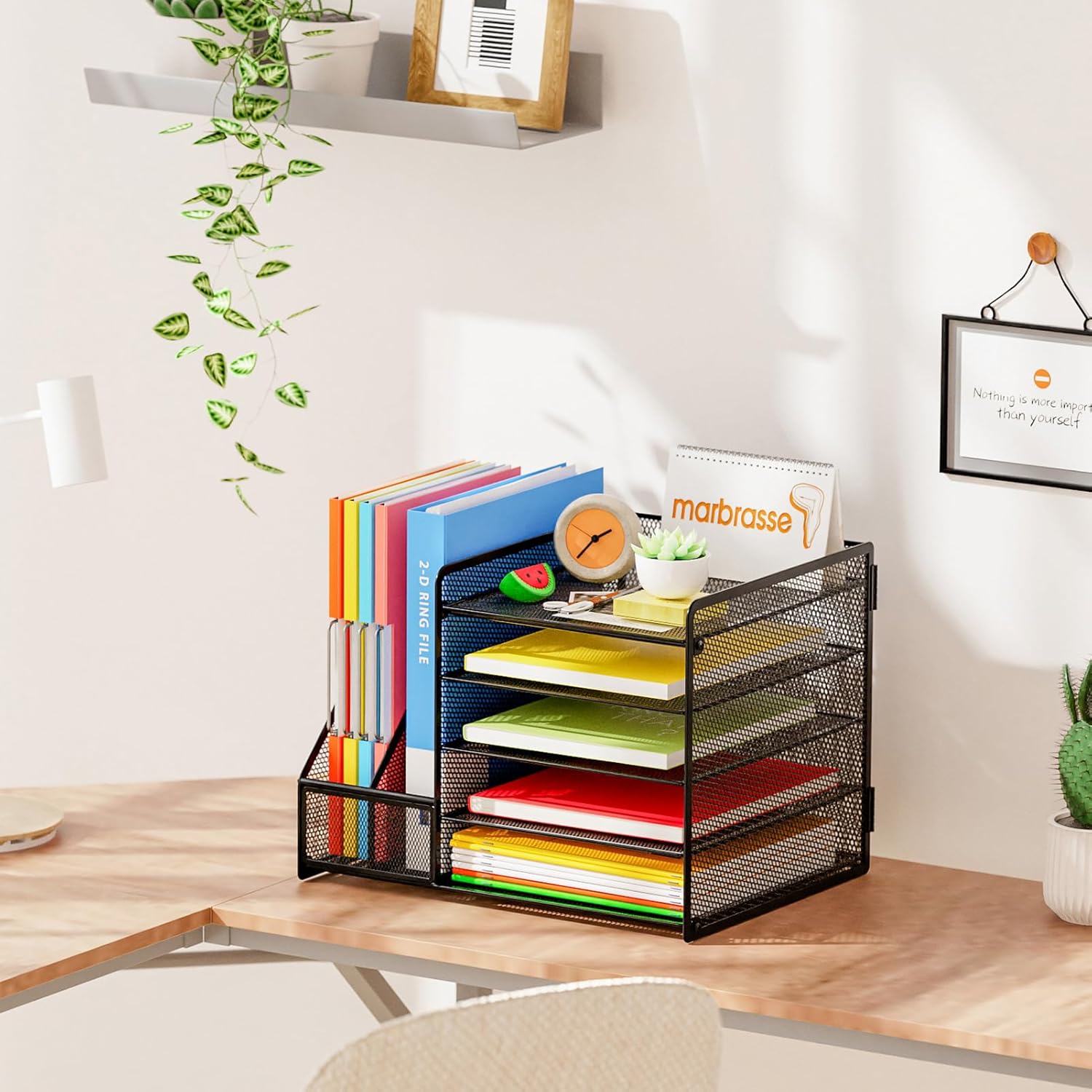 Detalle 2 de Marbrasse Schreibtisch-Organizer mit Aktenhalter, 5 Ebenen Papierablage (A4) & Halter für Stifte und Zeitschriften – Schwarz