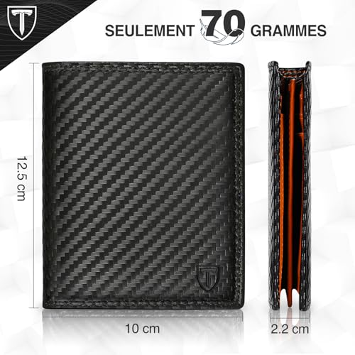 Detalle de TEEHON Portefeuille Vertical en Cuir Carbone RFID – 11 emplacements, 2 fenêtres et 3 volets