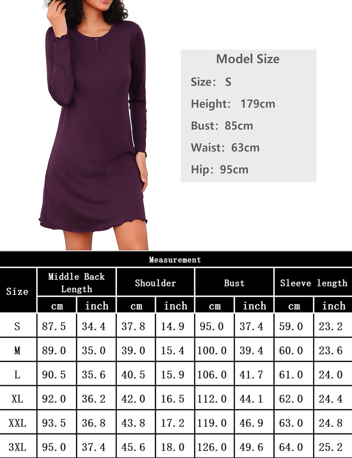 Thumbnail 5 de Demegimi Chemise de Nuit Femme en Coton à Manches Longues — Nuisette Élégante avec Col en V et Finition Délicate