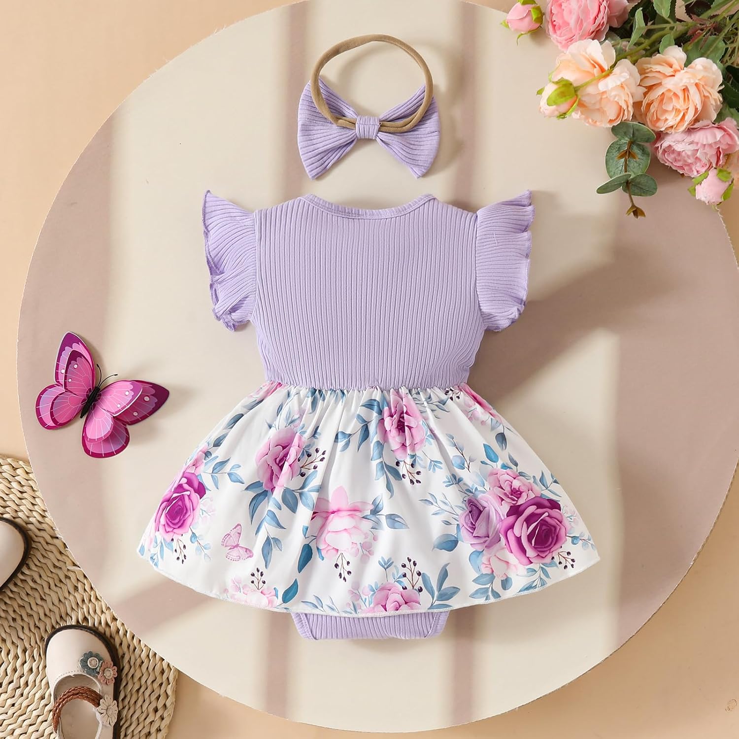 Detalle de QUNERY Baby Girl Clothes 0–18 Months: Ruffle Sleeve Top and Sunflower Dress Set