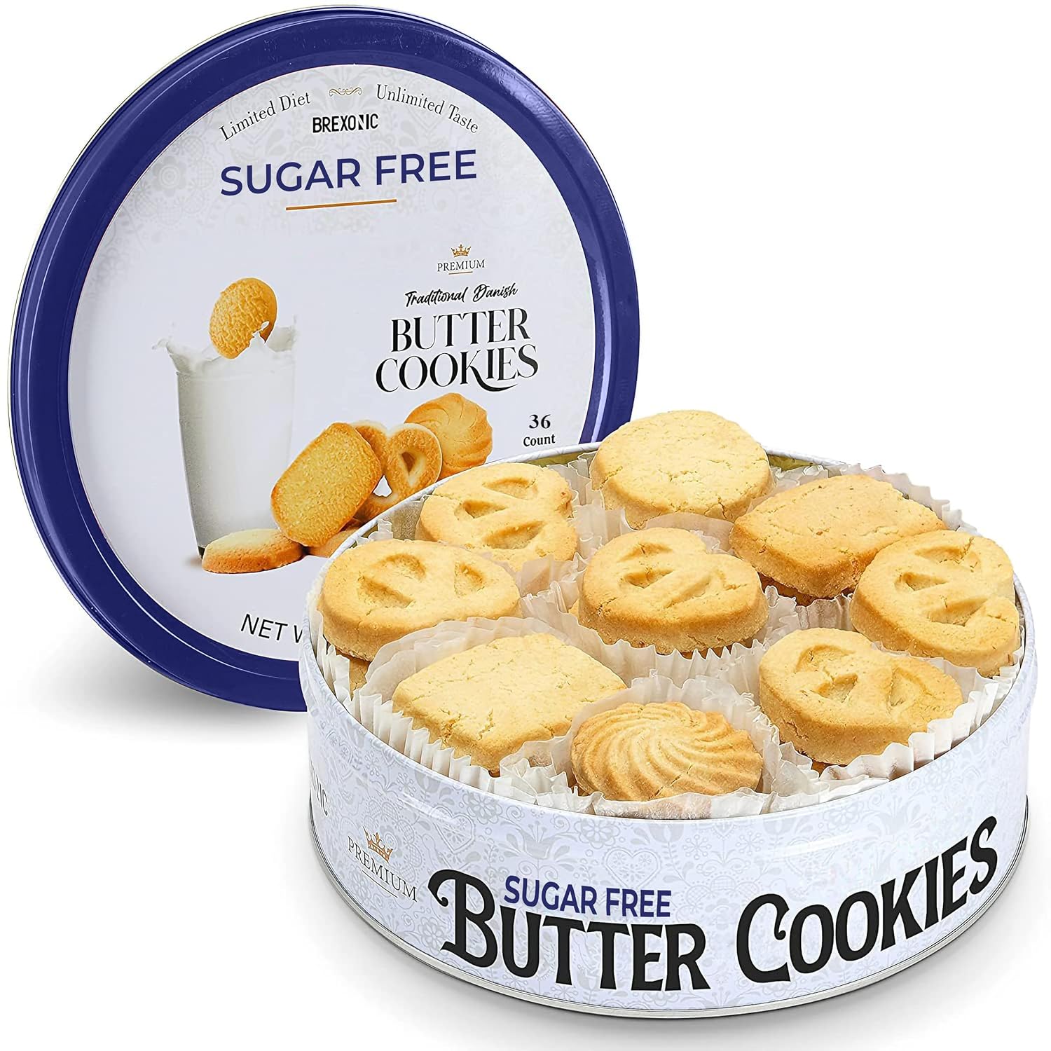 Detalle de BREXONIC Sugar-Free Butter Cookies, 36-Count Danish Shortbread in a Tin