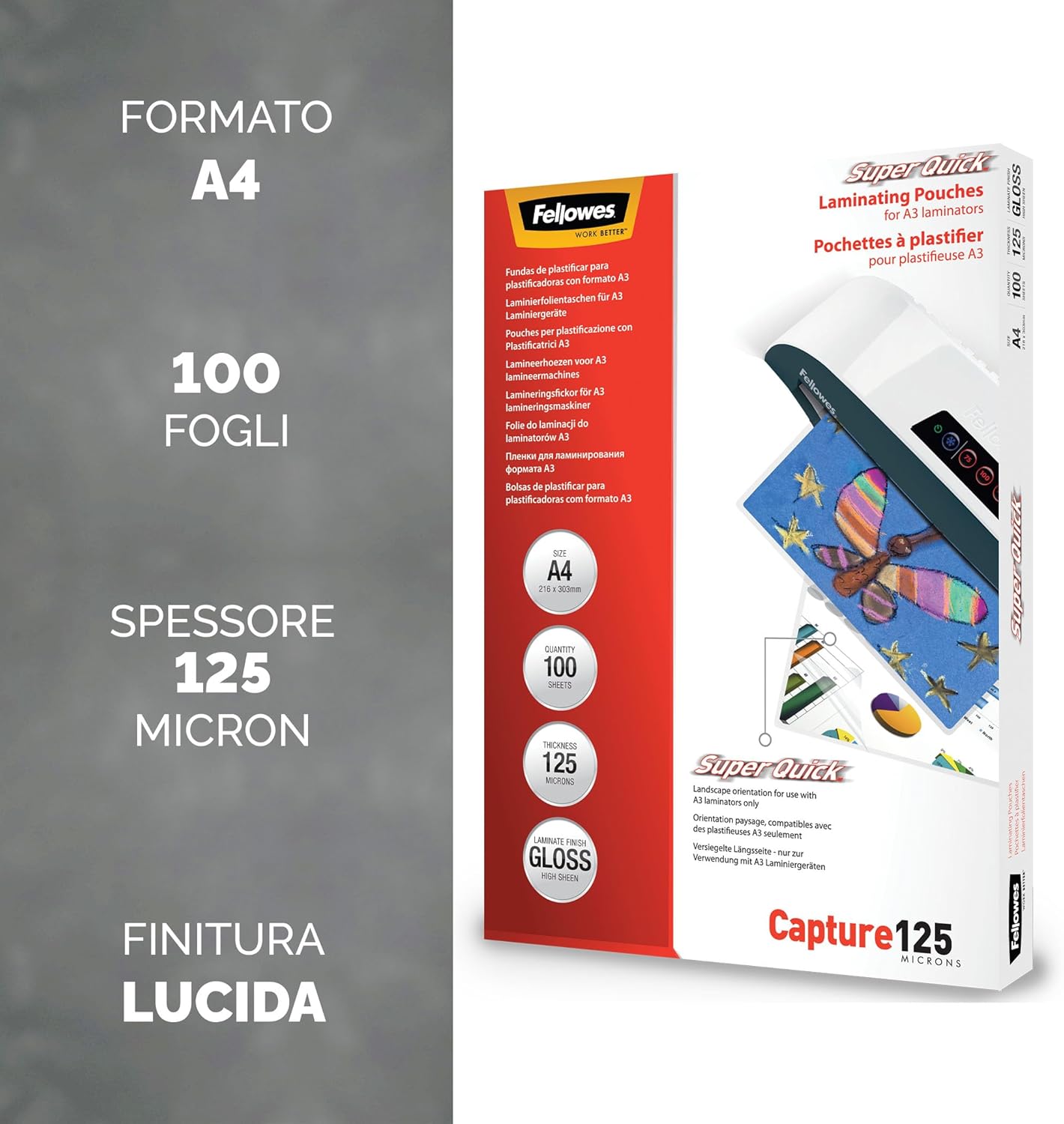 Thumbnail 1 de Fellowes Fogli per Plastificatrice A4 Super Quick – Confezione da 100 Buste 125 micron