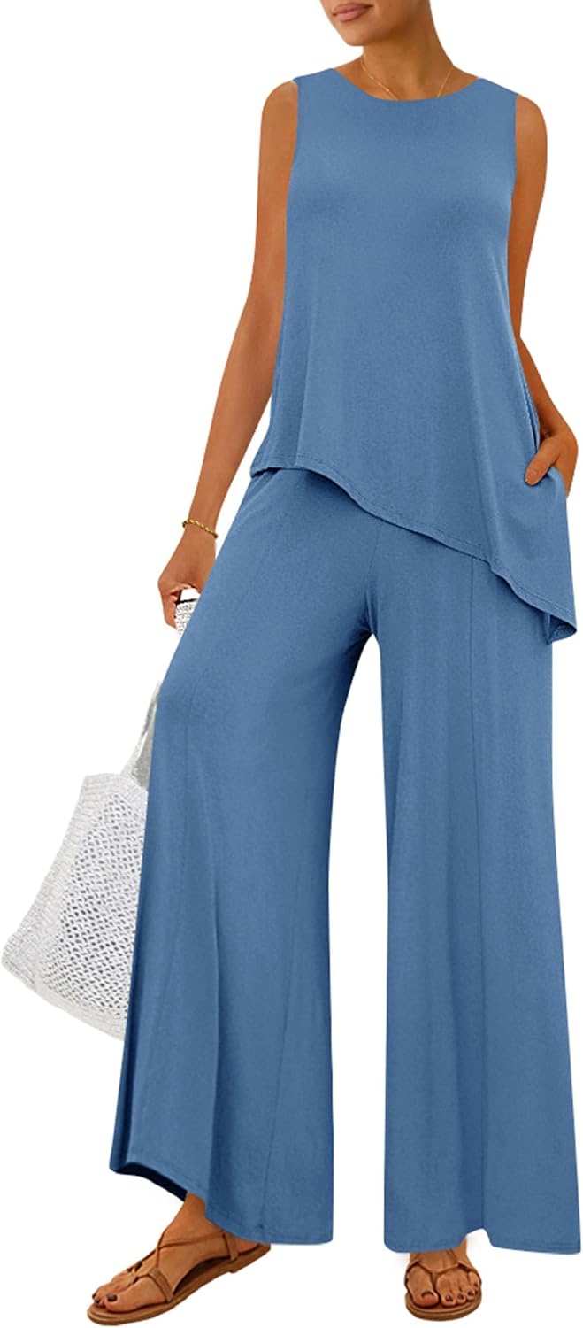 Detalle de PRETTYGARDEN Women’s 2026 Two-Piece Lounge Set with Asymmetrical Split Tank Top and Wide-Leg Pants