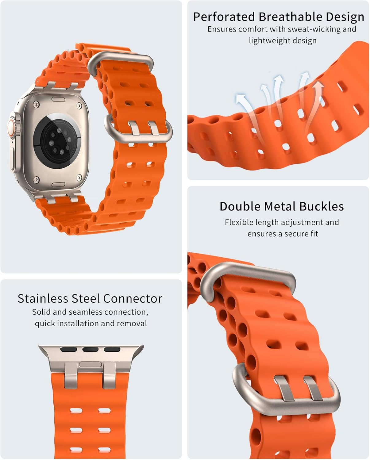 Detalle de TiMOVO Cinturino Ocean per Apple Watch Ultra 49 mm — cinturino sportivo traspirante con connettore in metallo migliorato
