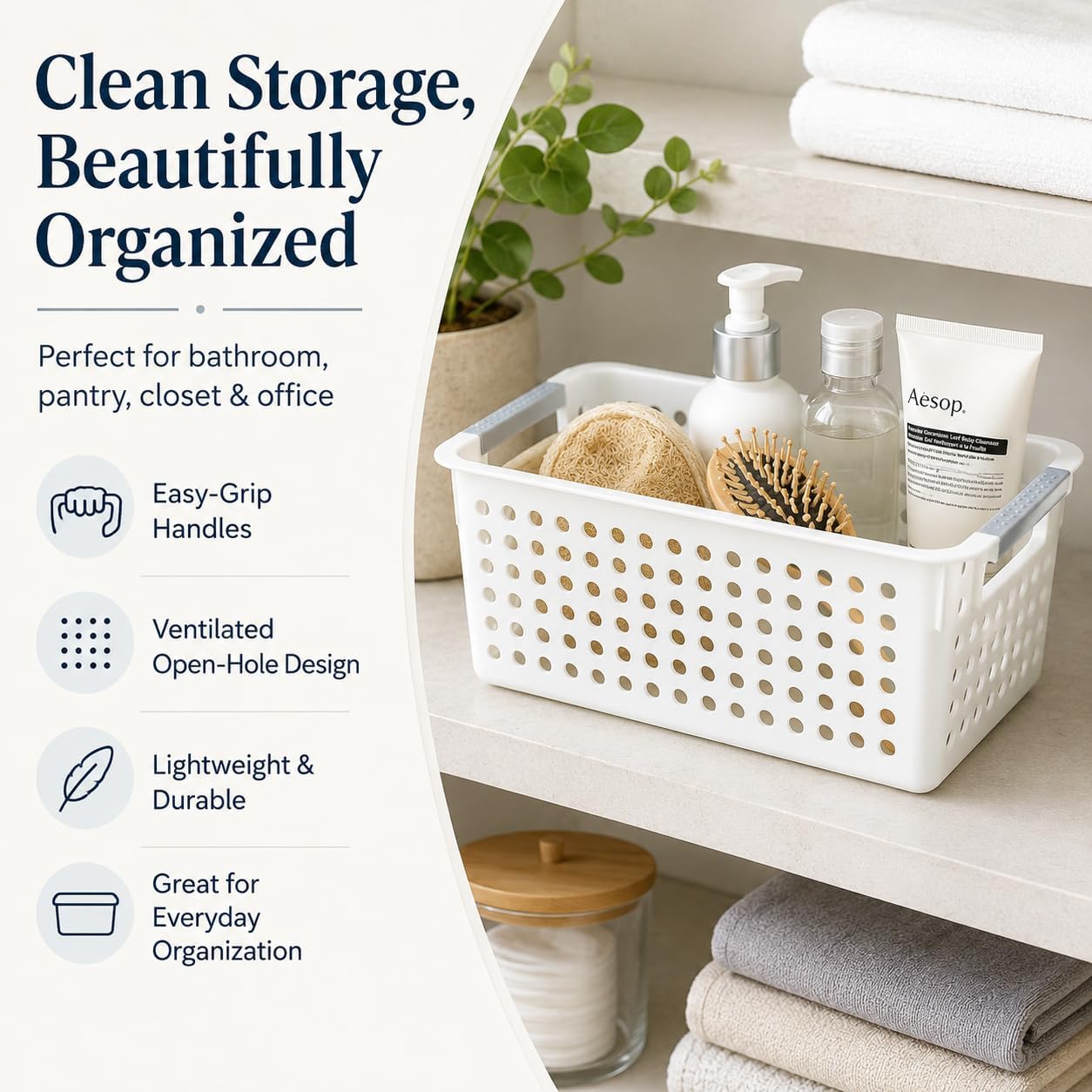 Thumbnail 6 de Basicwise QI003238 Set of 6 Plastic Storage Baskets, Ivory, 12" x 5" x 5