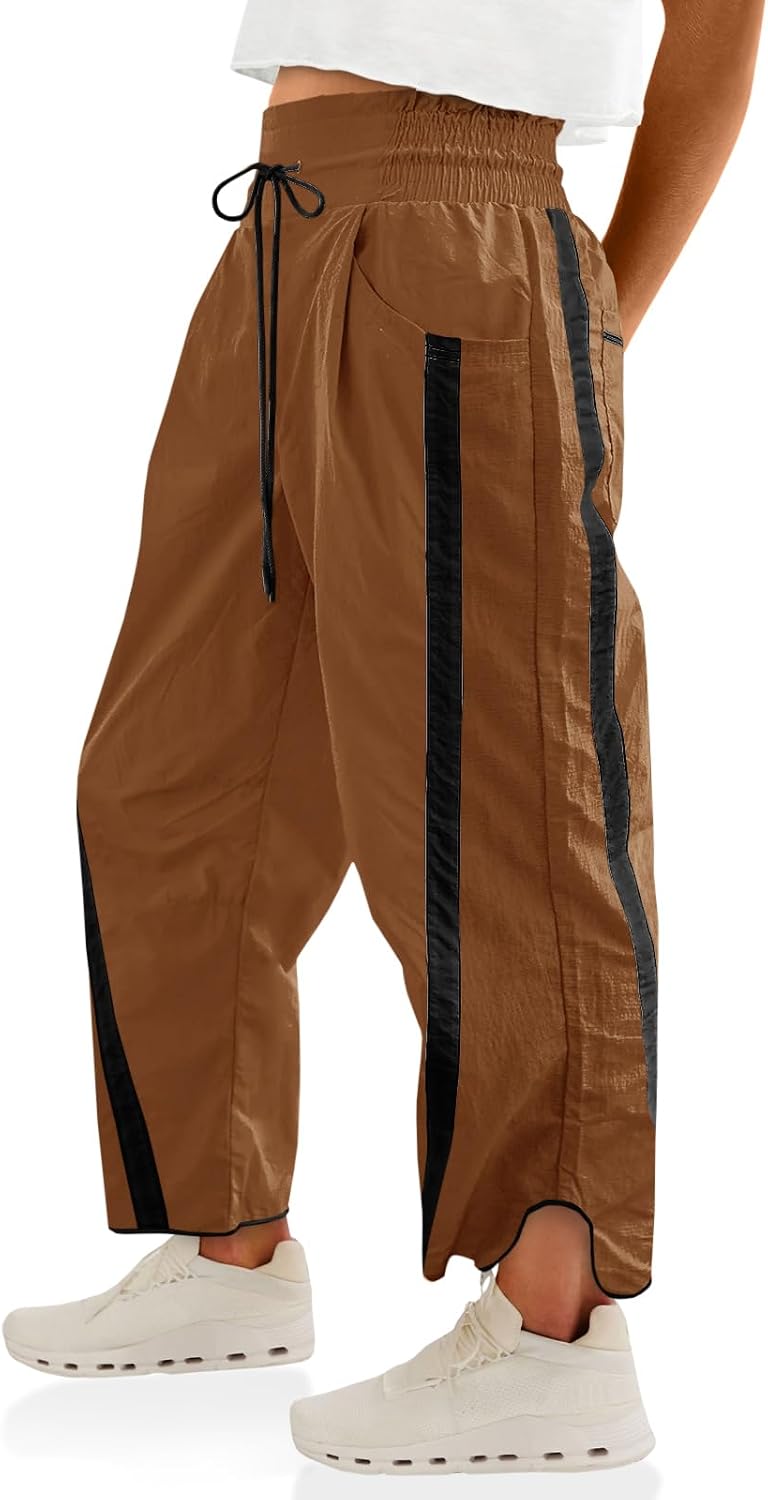 Detalle de Fisoew Women's Baggy Wide Leg Pants - Casual Drawstring, 7/8 Length, Polyamide Track Pants