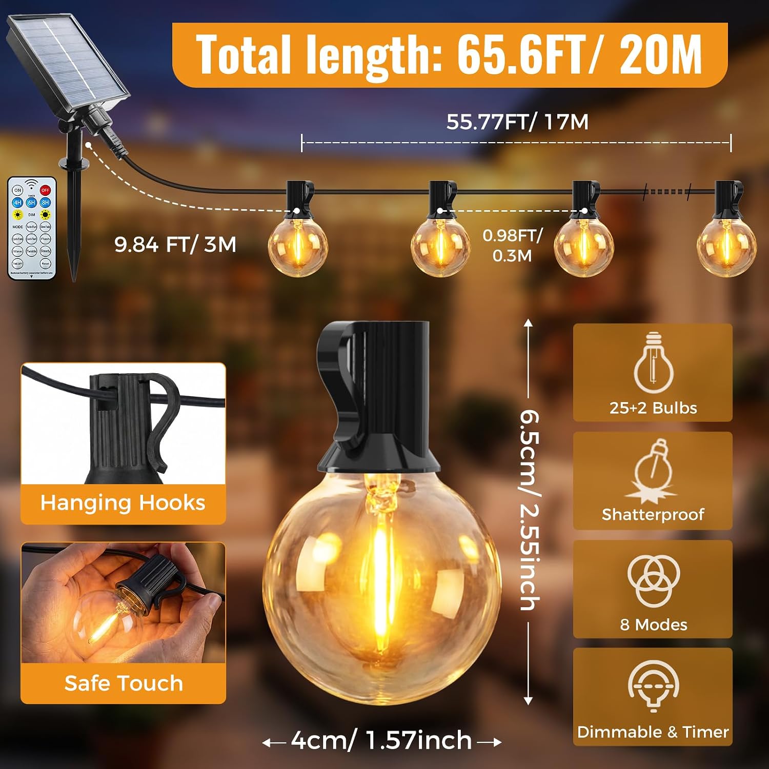 Thumbnail 6 de Litogo 20M/65FT Solar Festoon Lights Outdoor with Remote – 25+2 Bulbs, 8 Modes, Dimmable Warm White