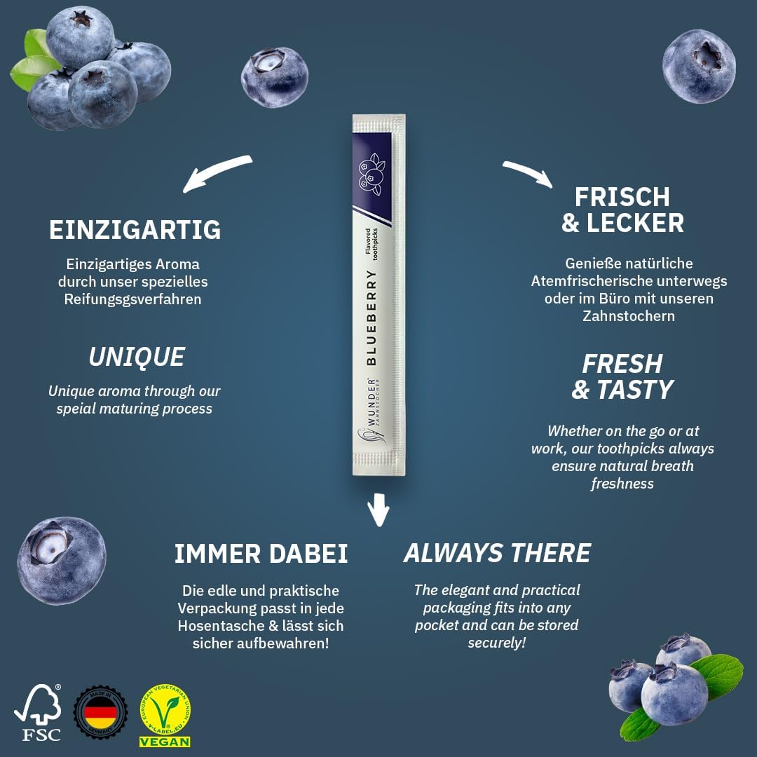 Detalle de Wunder aromatisierte Zahnstocher Blaubeere – 100er Pack, einzeln verpackt, zuckerfrei