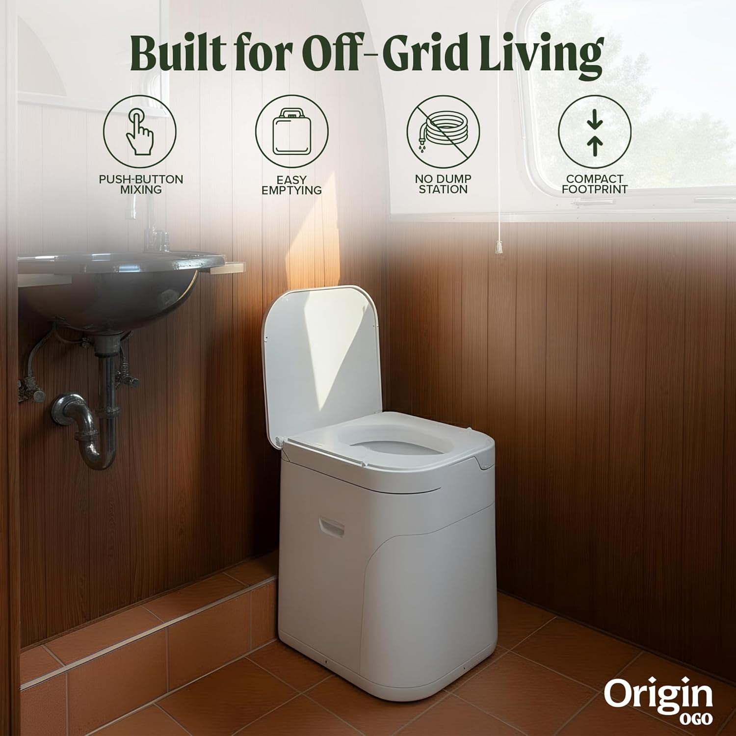 Detalle de OGO Origin Composting Toilet — 12V Electric Agitator, Urine-Diverting RV Toilet for Van Life, Tiny Homes & Boats
