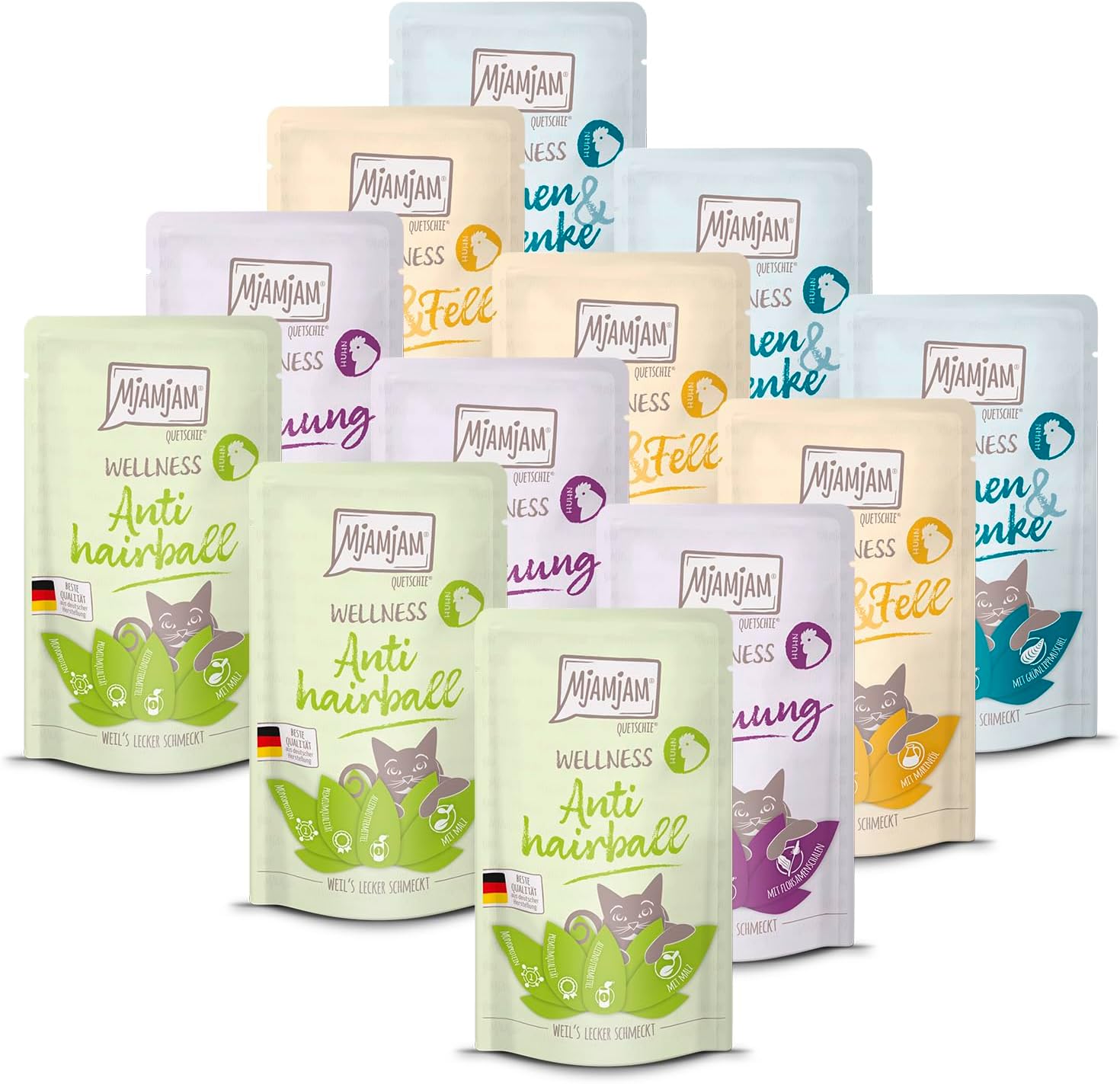 Detalle de MjAMjAM Premium Nassfutter Katzen – Wellness Wohlfühlpaket Huhn, 12er Pack (12 x 125 g), getreidefrei mit extra Fleisch
