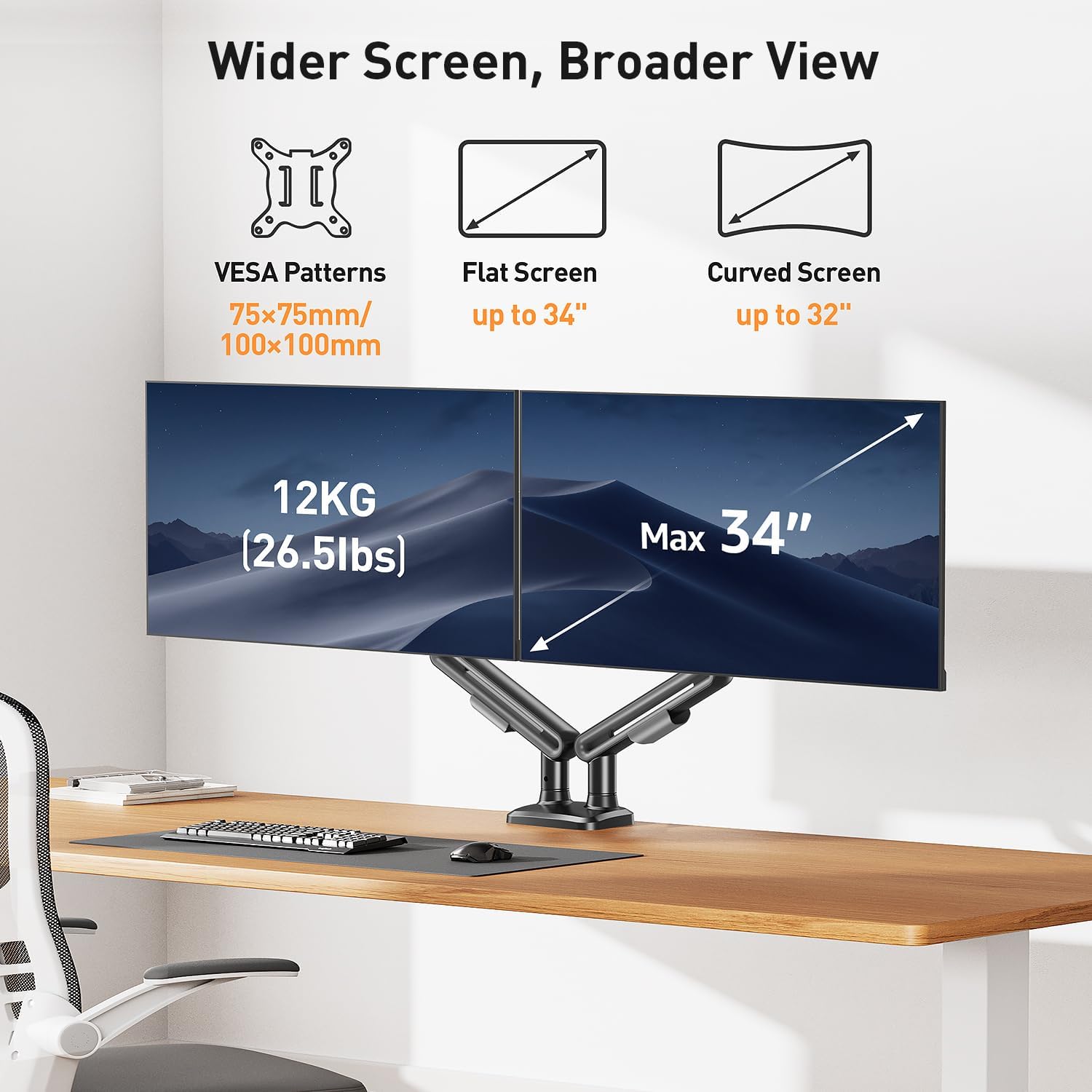 Thumbnail 1 de ELIVED Supporto per monitor doppio per schermi 17–34" fino a 12 kg, VESA 75/100, altezza regolabile e girevole (grigio)