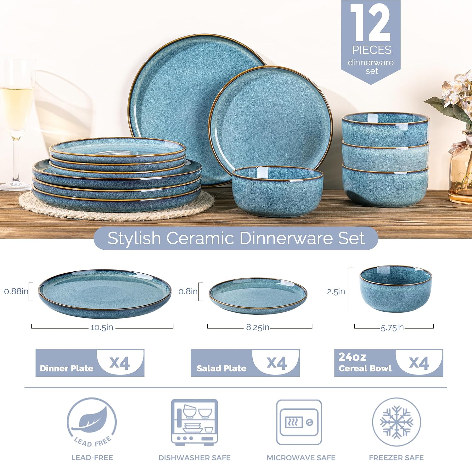 Detalle de GBHOME 12-Piece Ceramic Dinnerware Set in Space Blue for 4