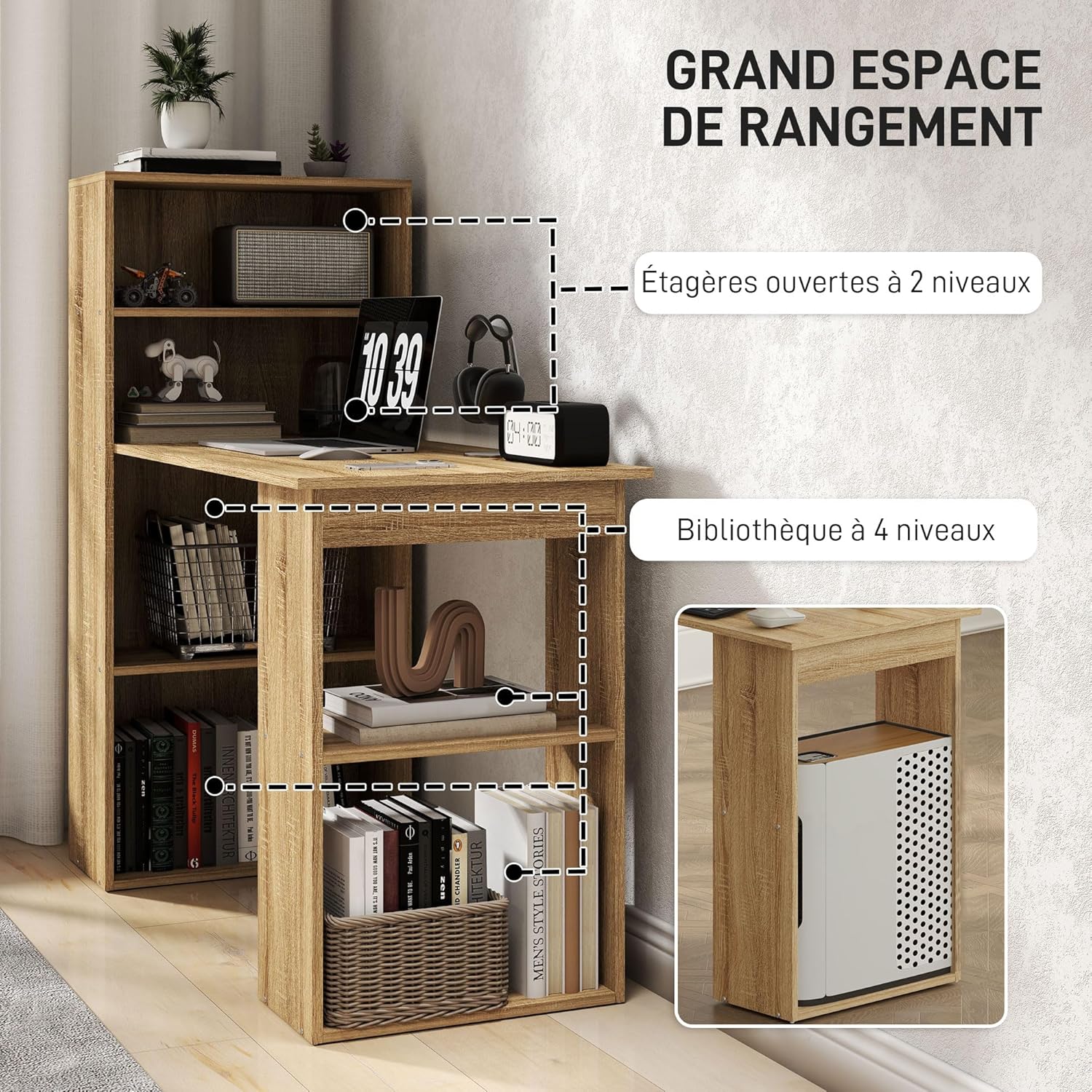 Thumbnail 4 de HOMCOM Bureau Informatique avec Rangement – 120 x 55 x 120 cm, chêne (6 compartiments ouverts)