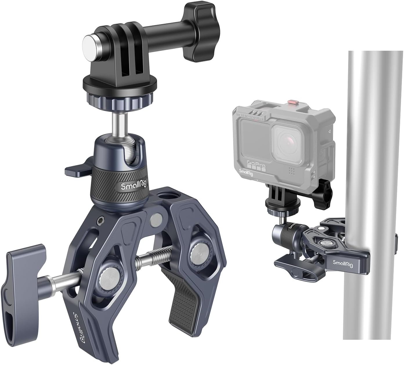 Detalle de SMALLRIG 4102B superklem met balhoofd, actiecamera-adapter en 1/4"-20-aansluiting