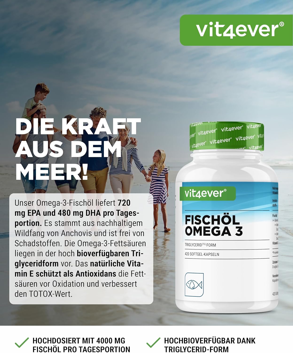 Detalle 2 de vit4ever Omega 3 Kapseln 420 Stück