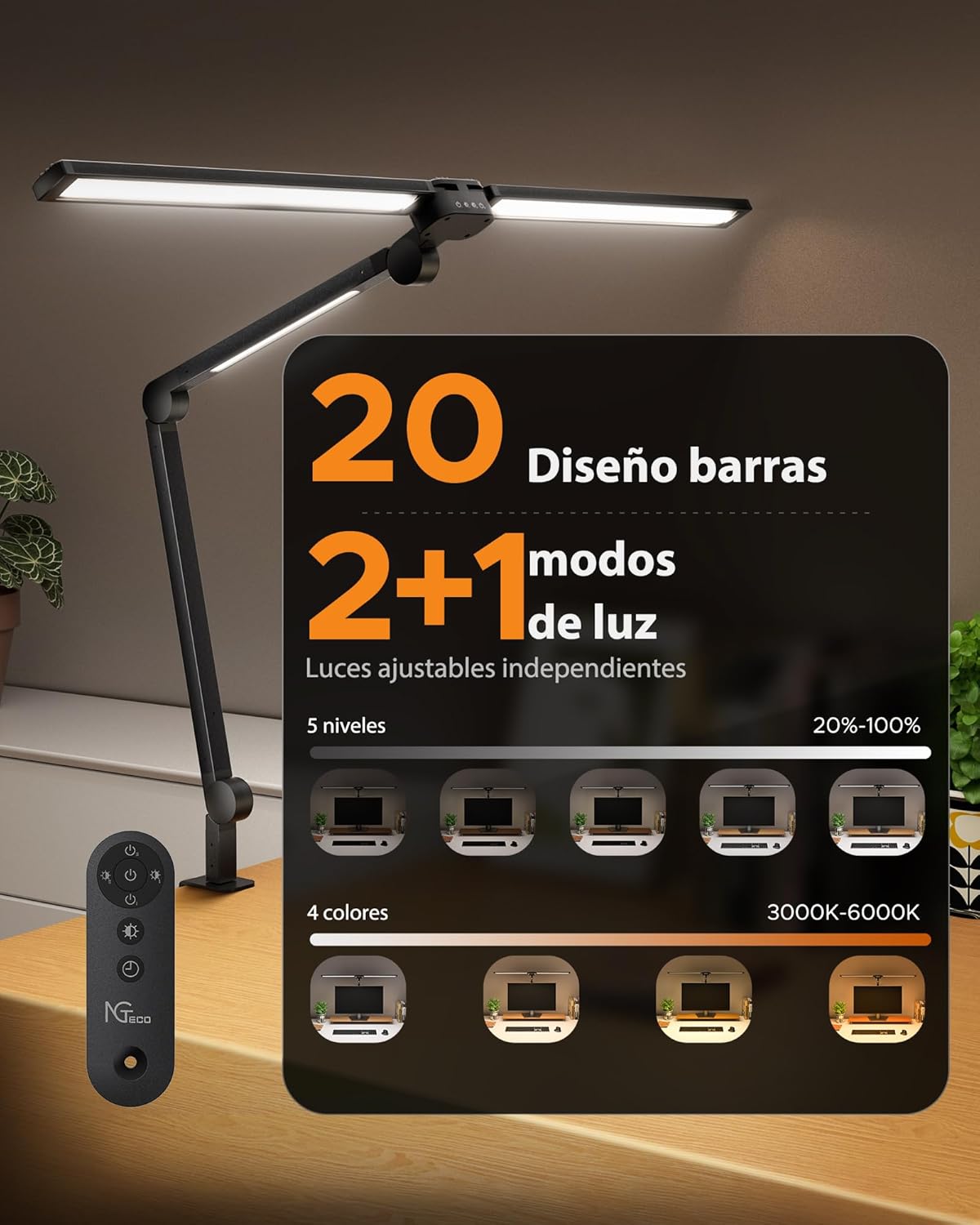 Thumbnail 3 de NGTeco Lámpara de Escritorio LED 39,3" con Control Remoto