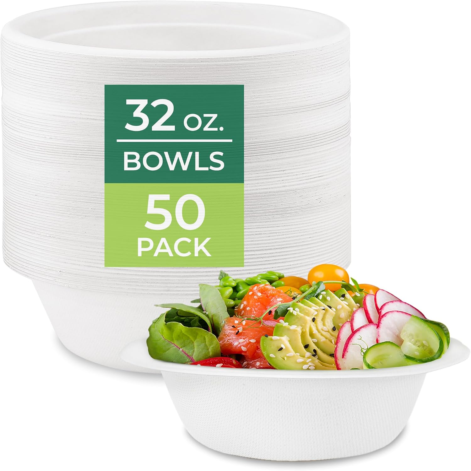 Freshware Paper Bowls (32 oz) — 50-Pack Disposable, Compostable Sugarcane Fiber Soup Bowls