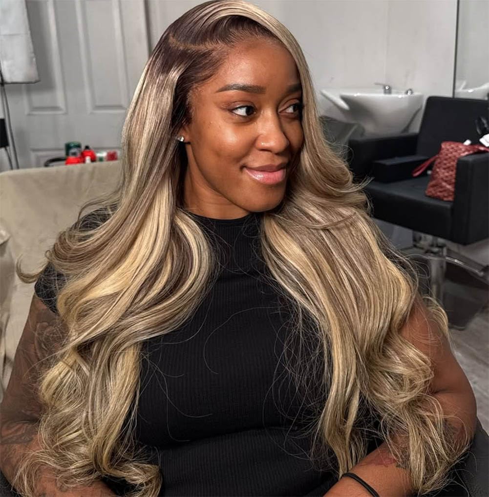 Detalle 2 de Rina 13x6 Ombre Milk Tea Ash Blonde Lace Front Wig (Human Hair, 210% Density) — 28 inch