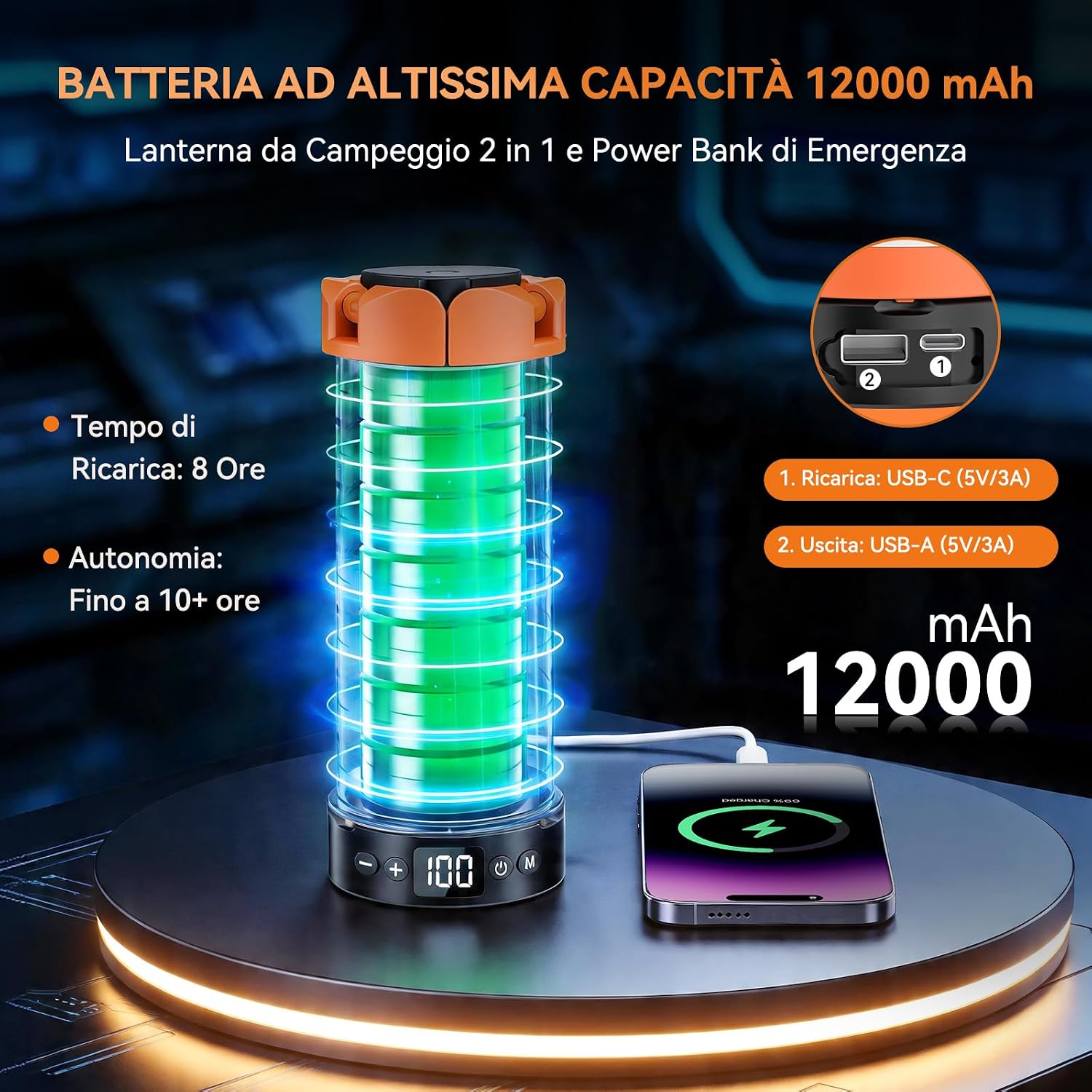 Detalle de Lampada da campeggio ricaricabile con treppiede e 12000 mAh – 6000 lm, 3 colori di luce, IP65
