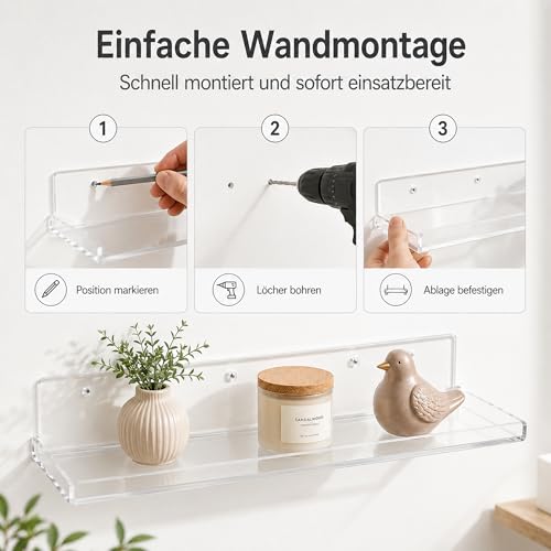 Detalle de AJIEQAQ 4 Stück Schweberegal Transparent – Acryl Wandregal 35,5 cm, Tragkraft bis 9 kg