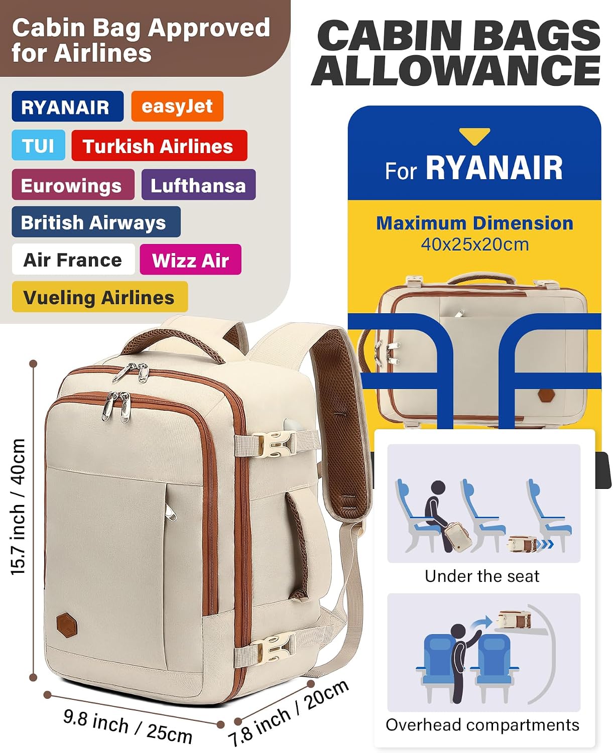 Detalle de VANKEV Ryanair Cabin Bag 20L underseat travel backpack