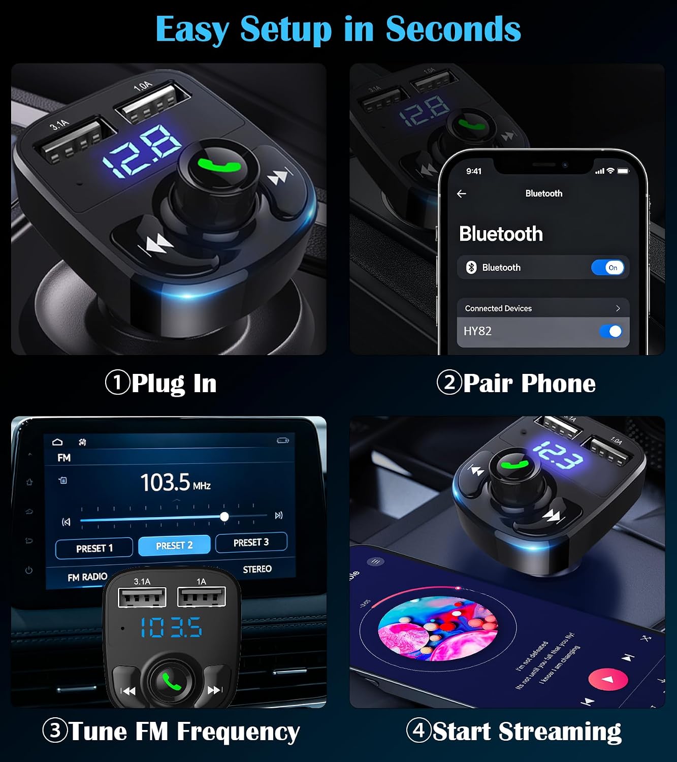 Detalle 2 de LIHAN HY82 Bluetooth 5.3 FM Transmitter with Dual USB Charging and Hands-Free Calls