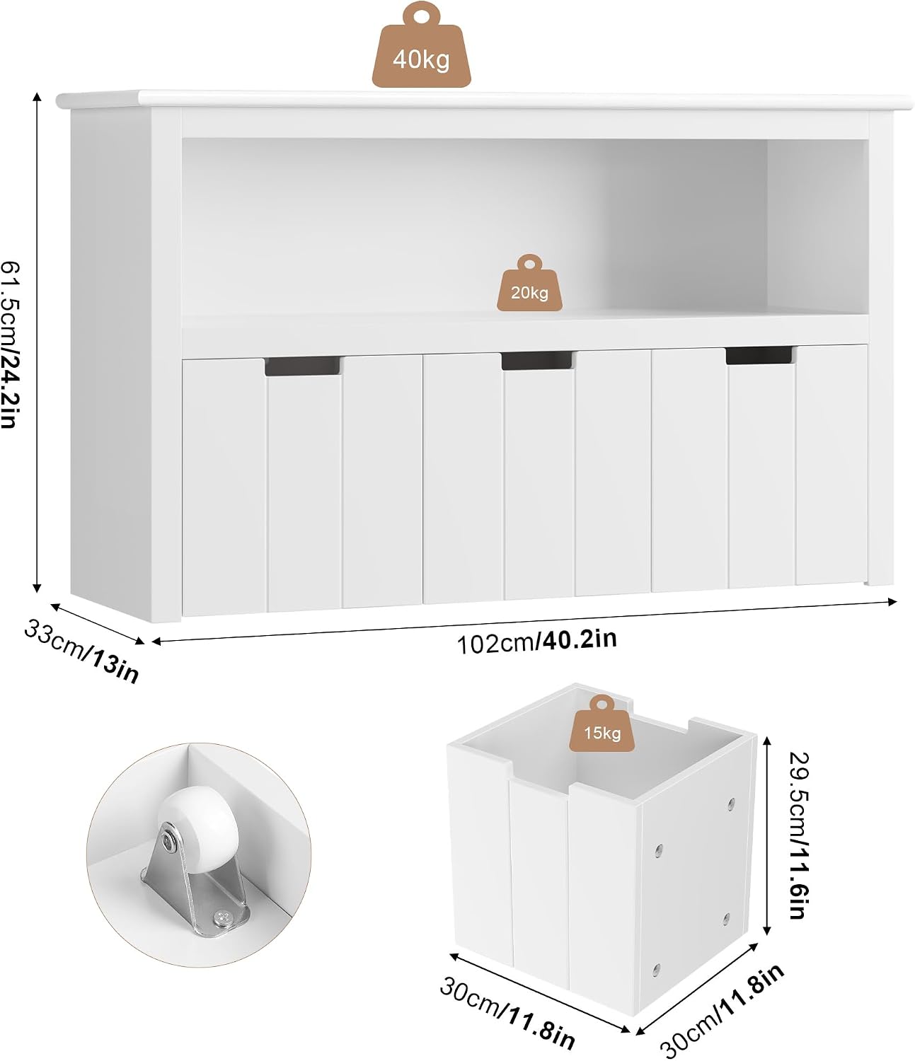 Detalle de FOREHILL M287288 Toy Storage Unit, 3 Wheeled Drawers, White, 102 cm