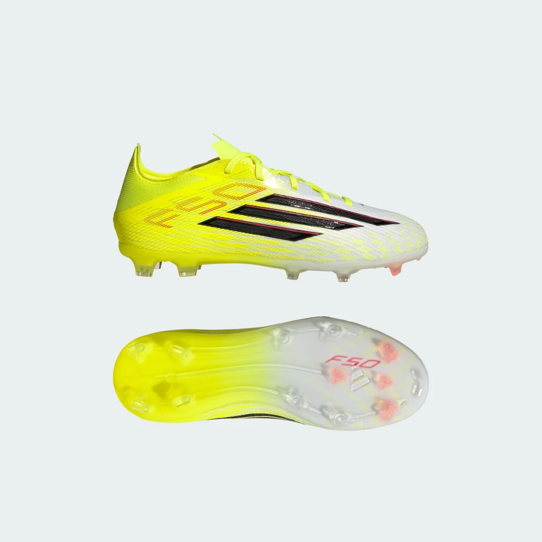 Detalle de Adidas Bota F50 ELITE para césped natural seco – Amarillo, ideales para césped seco
