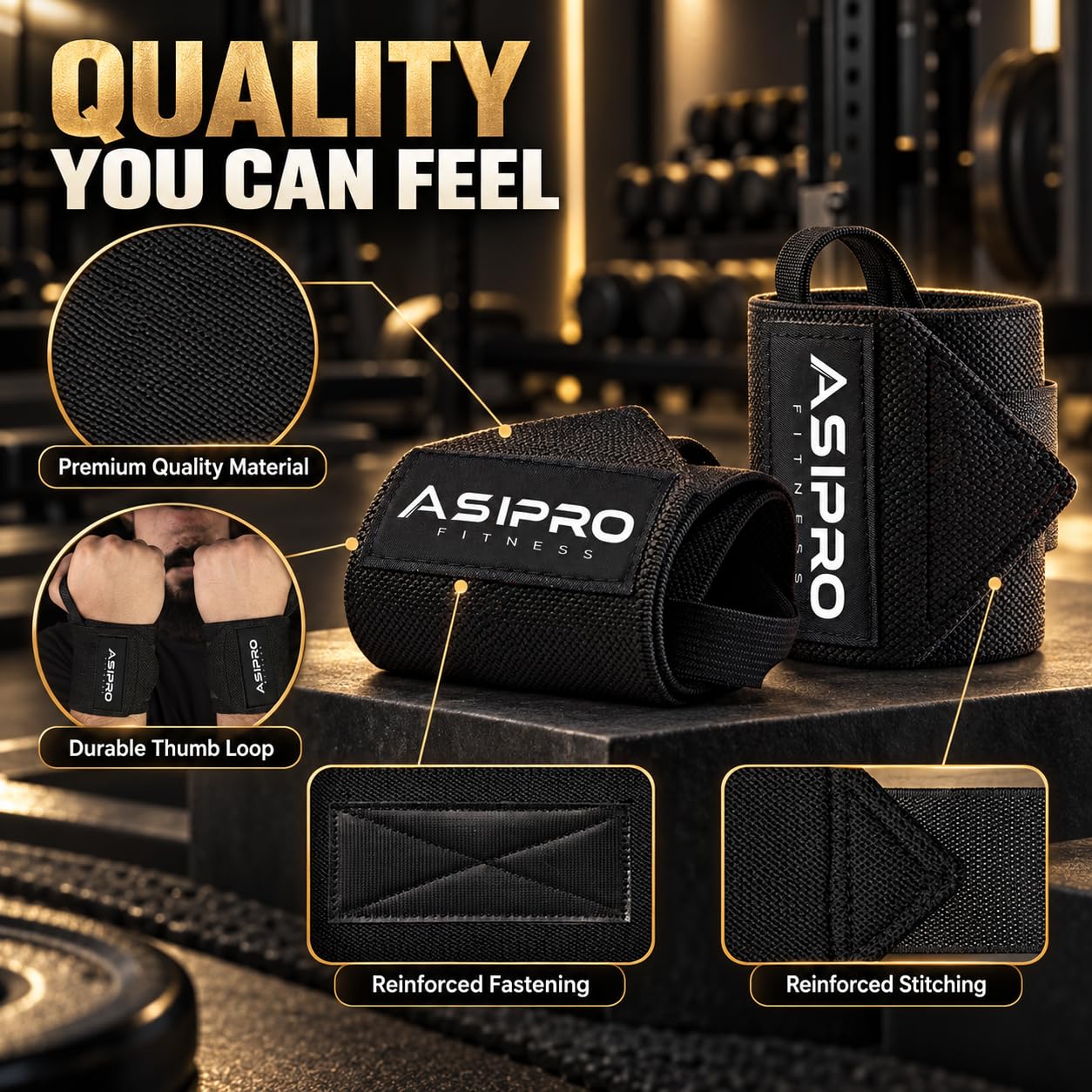 Thumbnail 1 de ASIPRO Zwart Weightlifting Wrist Wraps, Cotton Support, Black, Set of 2