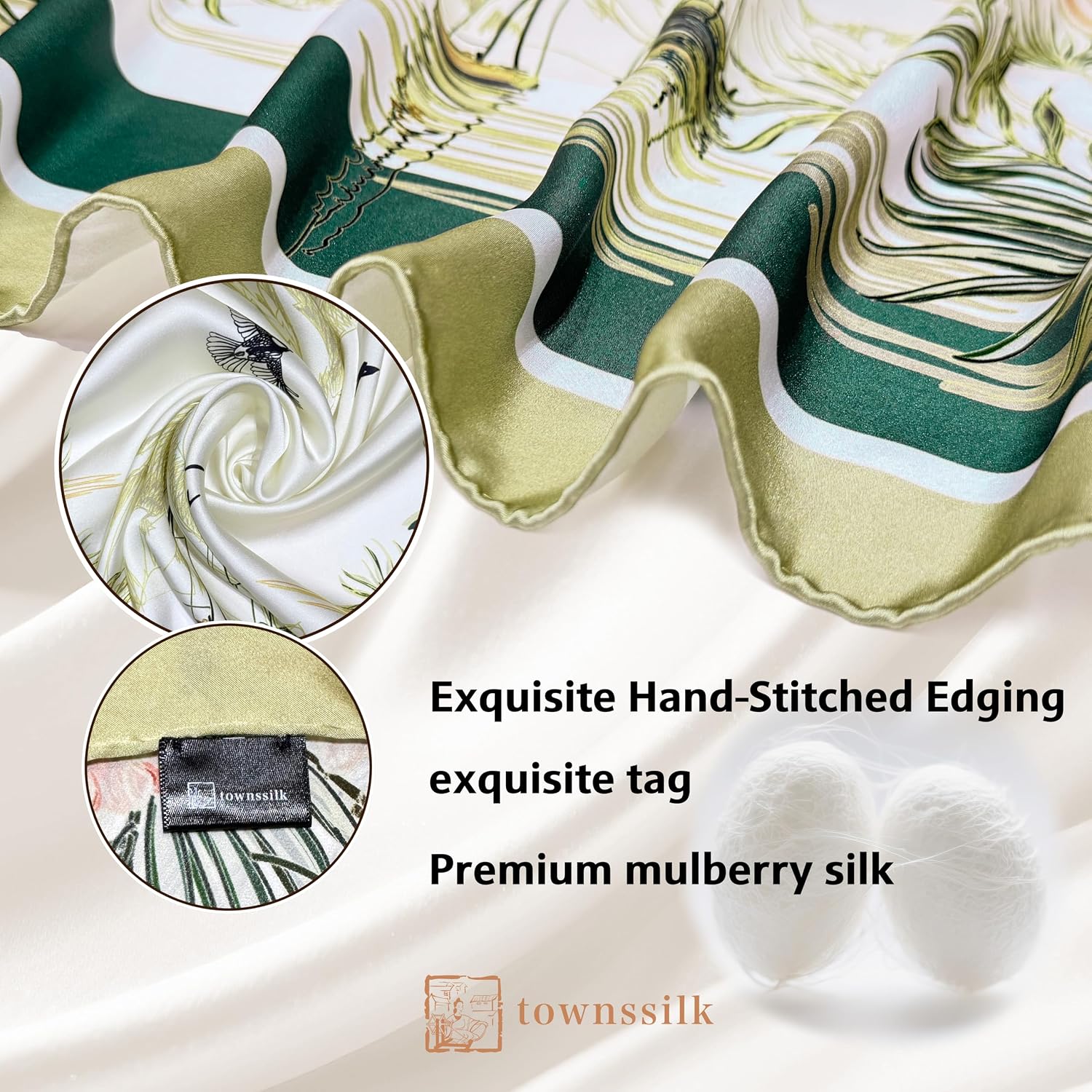 Detalle de townssilk SunsetHill Mulberry Silk Scarf, 90 x 90 cm, OEKO-TEX Certified