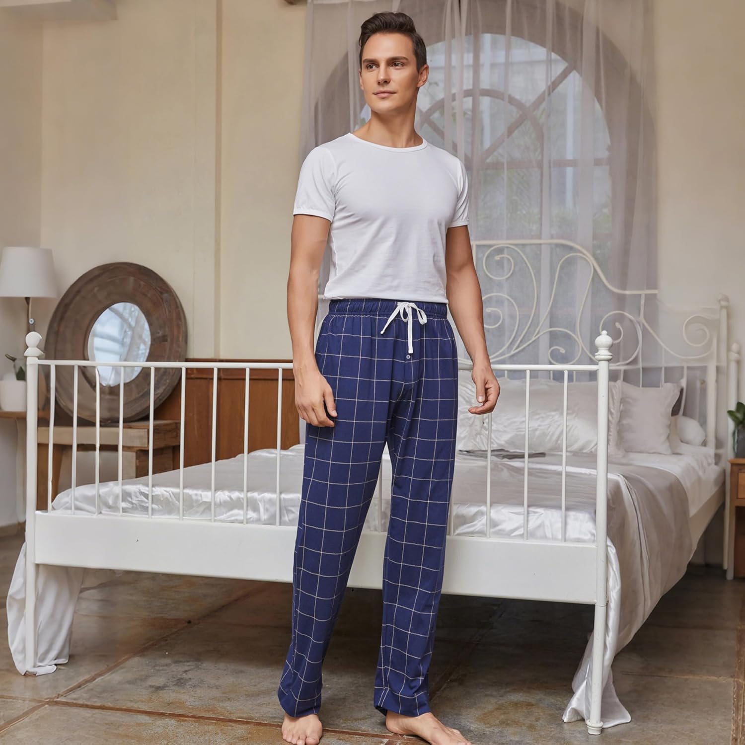 Thumbnail 5 de Vulcanodon Men’s Cotton Pyjama Bottoms with Pockets – Lightweight Plaid Lounge Sleep Pants