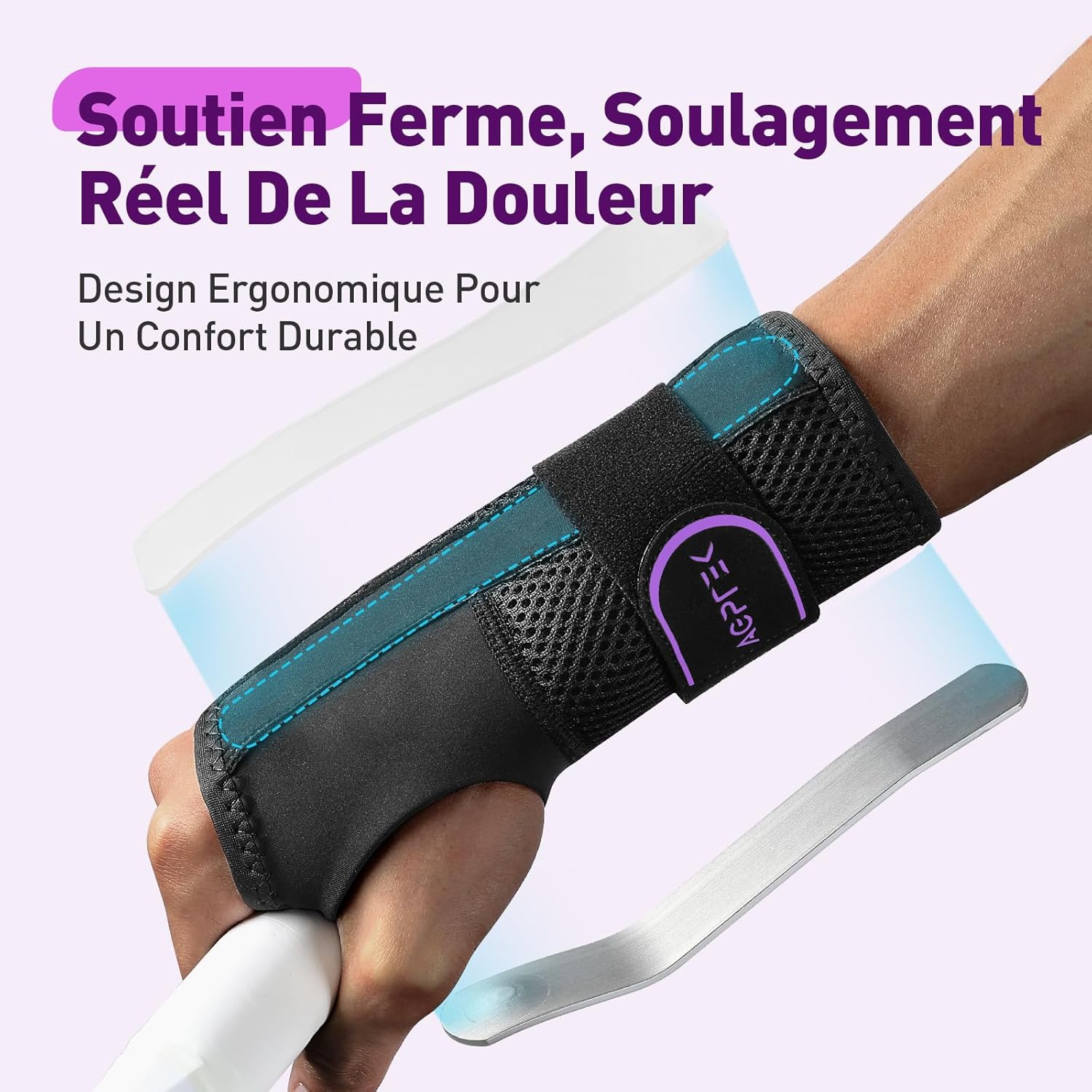 Thumbnail 1 de Attelle de poignet AGPTEK droite avec 2 plaques en aluminium (L/XL) pour canal carpien, tendinite et nuit