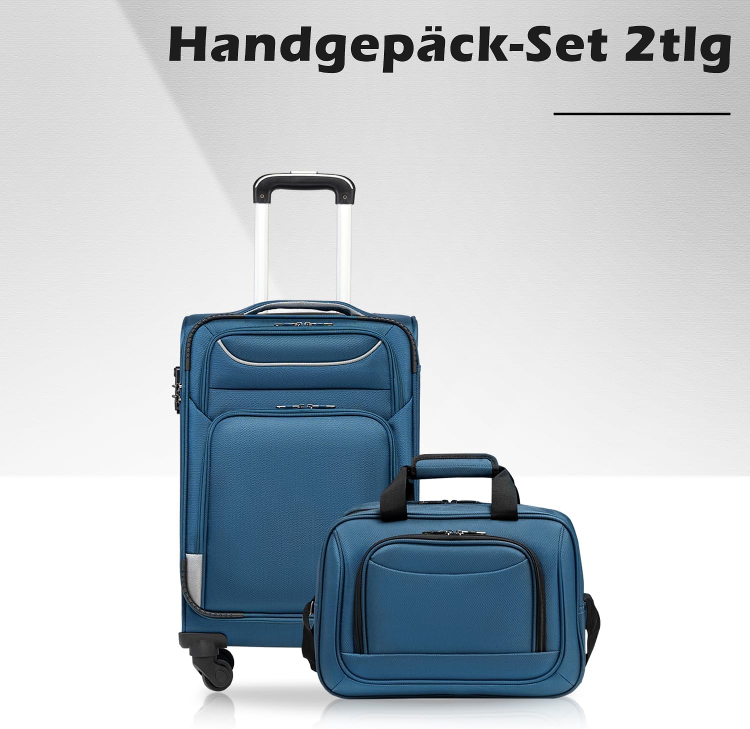 Detalle 2 de COOLIFE Handgepäck-Set 2tlg: TSA-Schloss, 4 Rollen, Blau/Silber – Koffer und Umhängetasche