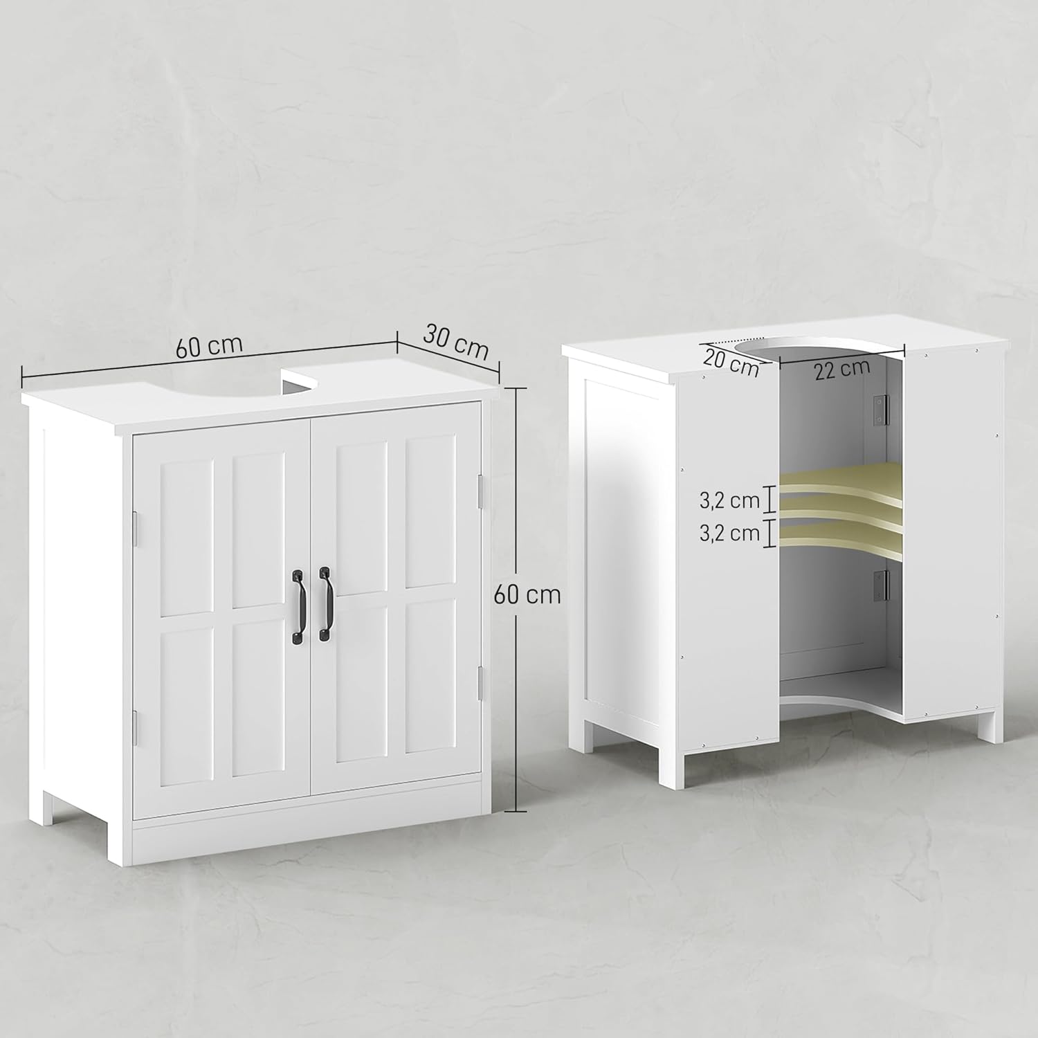 Thumbnail 2 de kleankin Meuble sous lavabo – Armoire de rangement blanche 60 x 30 x 60 cm avec porte double et étagère réglable