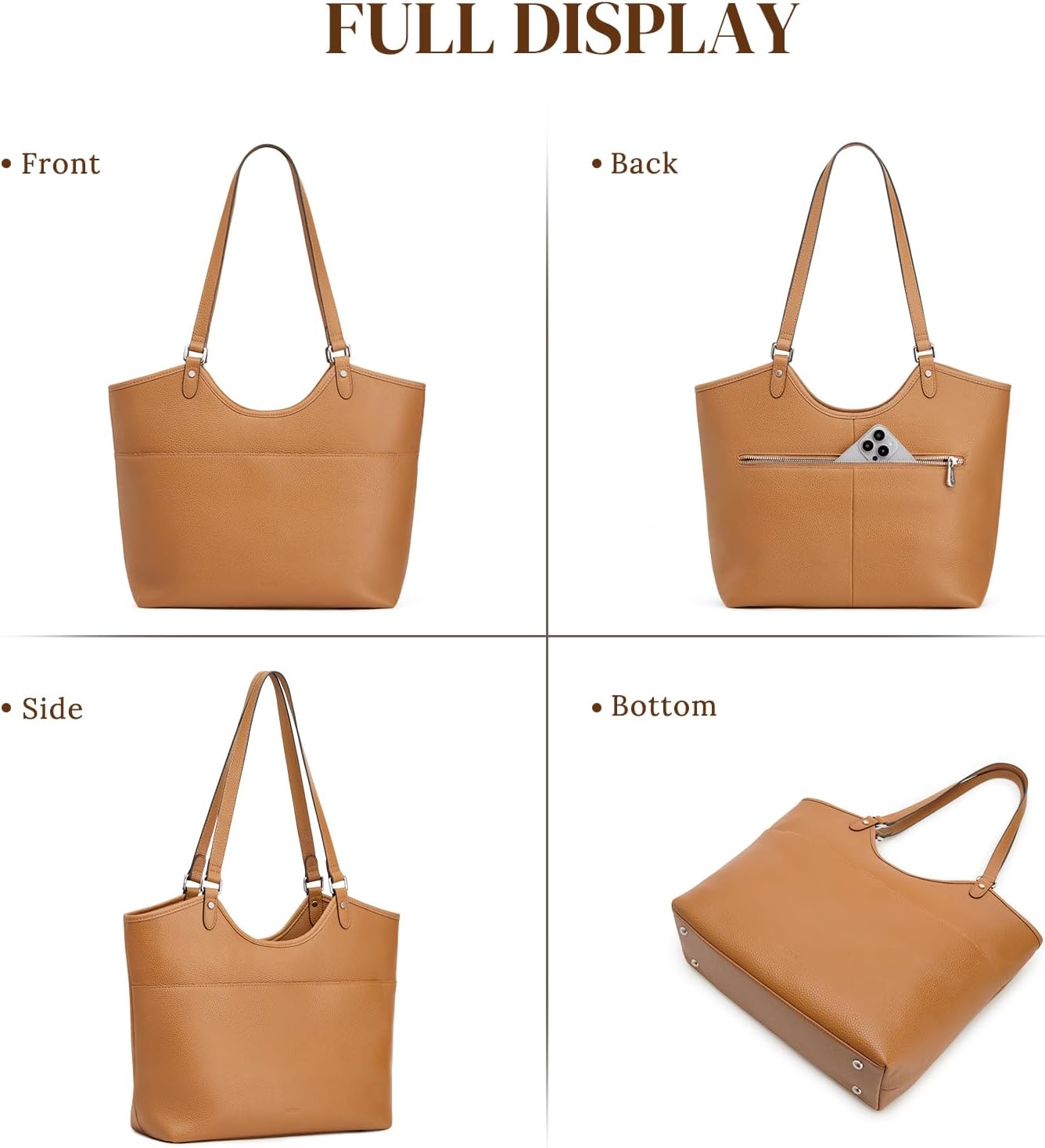 Detalle 2 de S-ZONE genuine leather tote bag for women with zipper – work, travel & shoulder carry