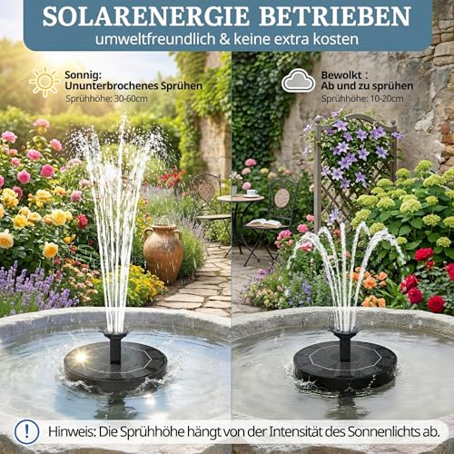 Detalle 2 de HOAMZ Solarbrunnen für Außen 3.0W | 160 mm, 4-in-1 Düse, schwimmende Pumpe für Garten, Teich, Vogelbad