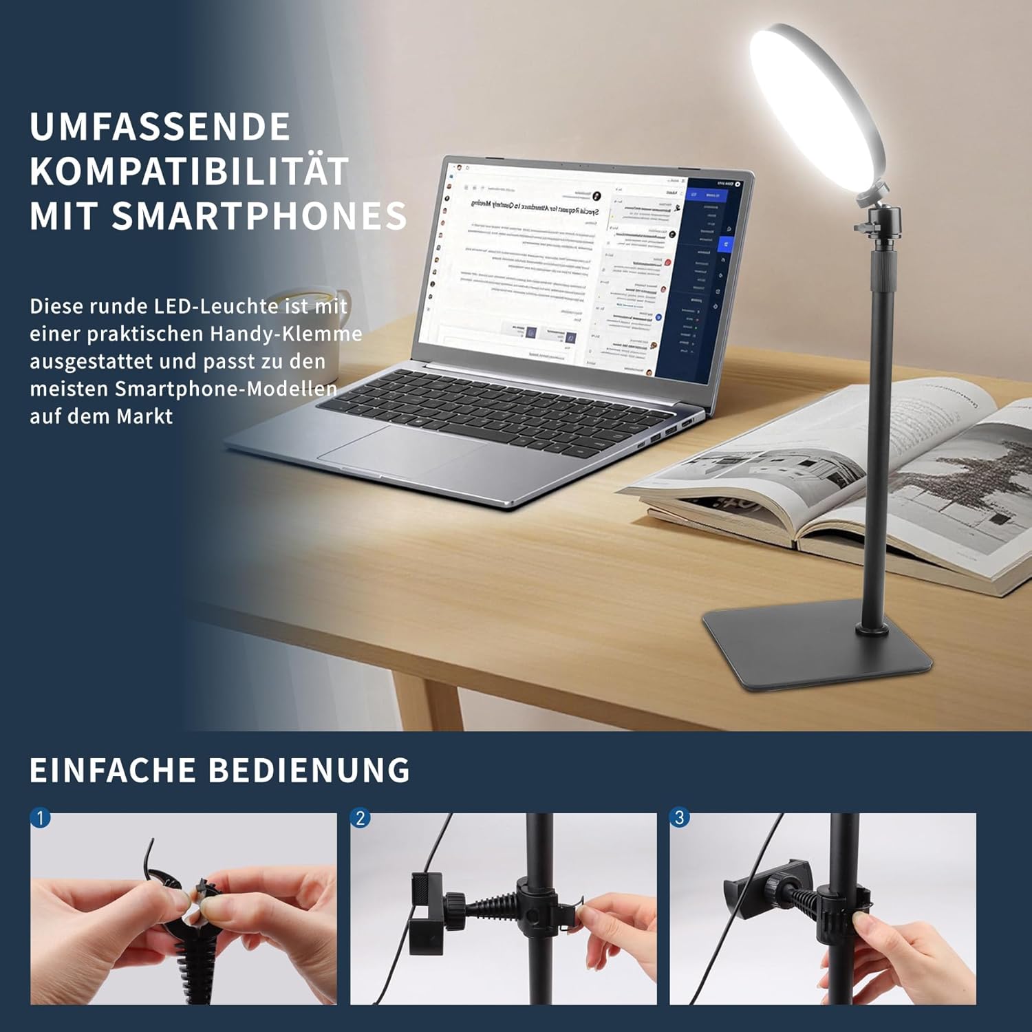 Detalle de Aogled Lumière Vidéo LED pour Conférences Zoom – Kit éclairage USB avec Support Téléphone et 3 modes de couleur
